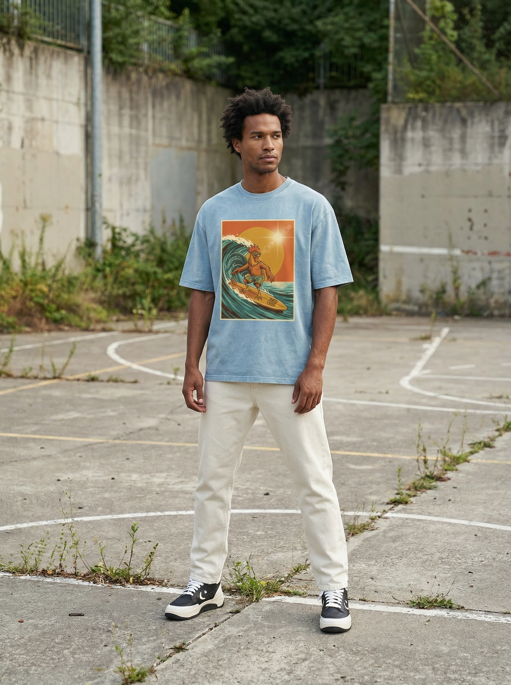 Dusty Cock, Rooster Surfer Graphic Tee – Heavyweight 100% Cotton, Vintage Wash