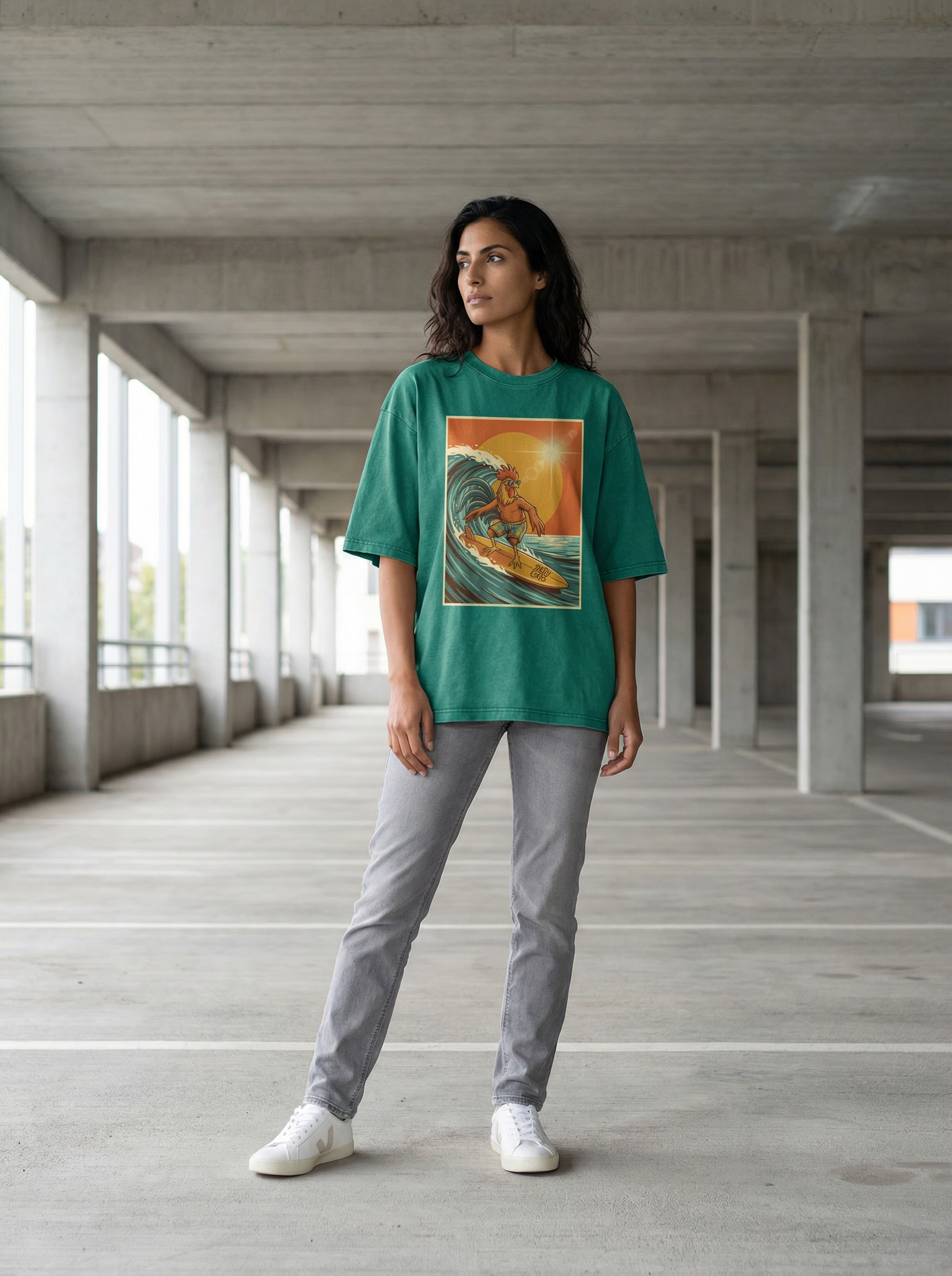Dusty Cock, Rooster Surfer Graphic Tee – Heavyweight 100% Cotton, Vintage Wash