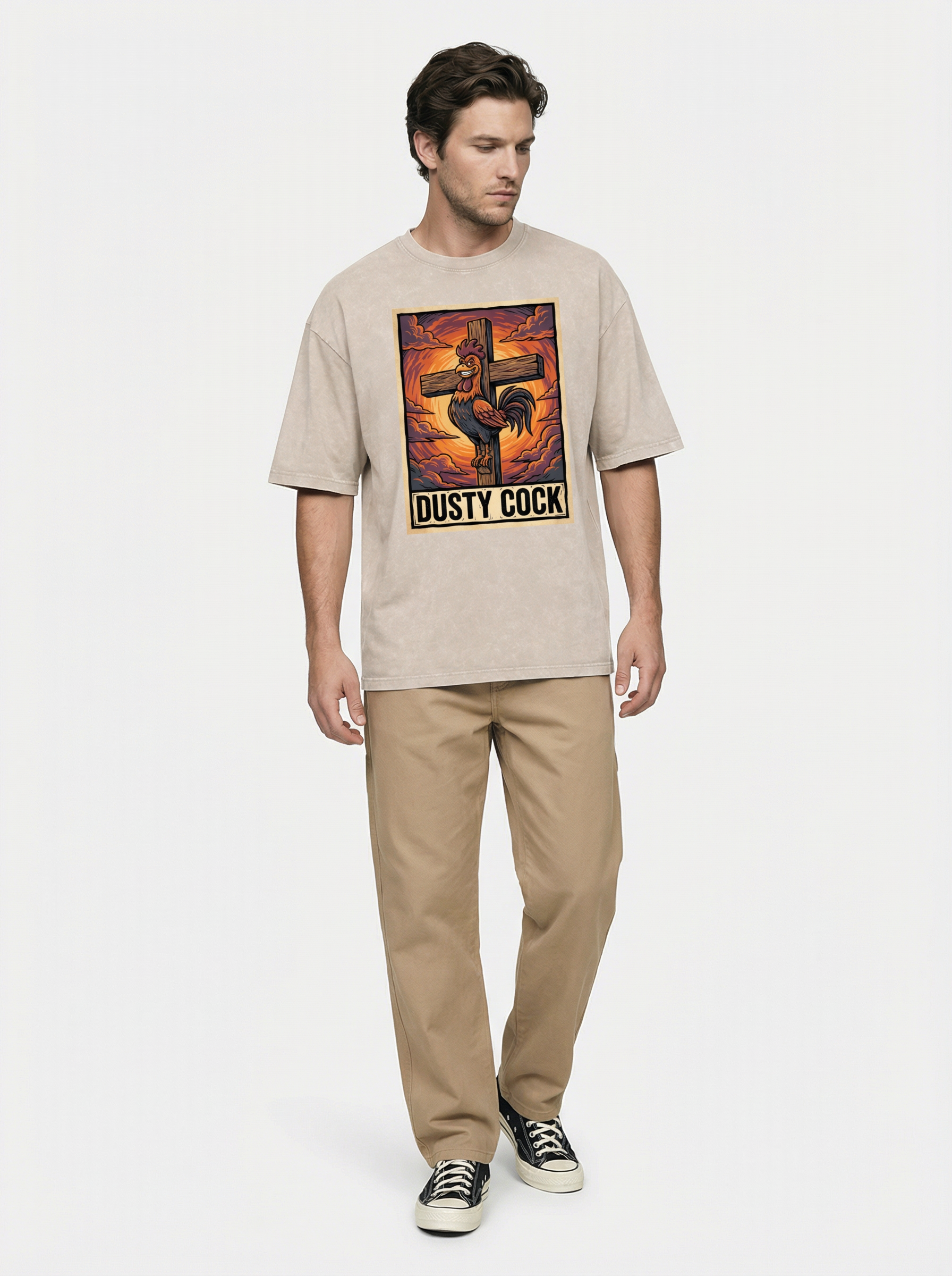 Saint Rooster on Cross – Heavyweight 100% Cotton, Vintage Wash, Washed