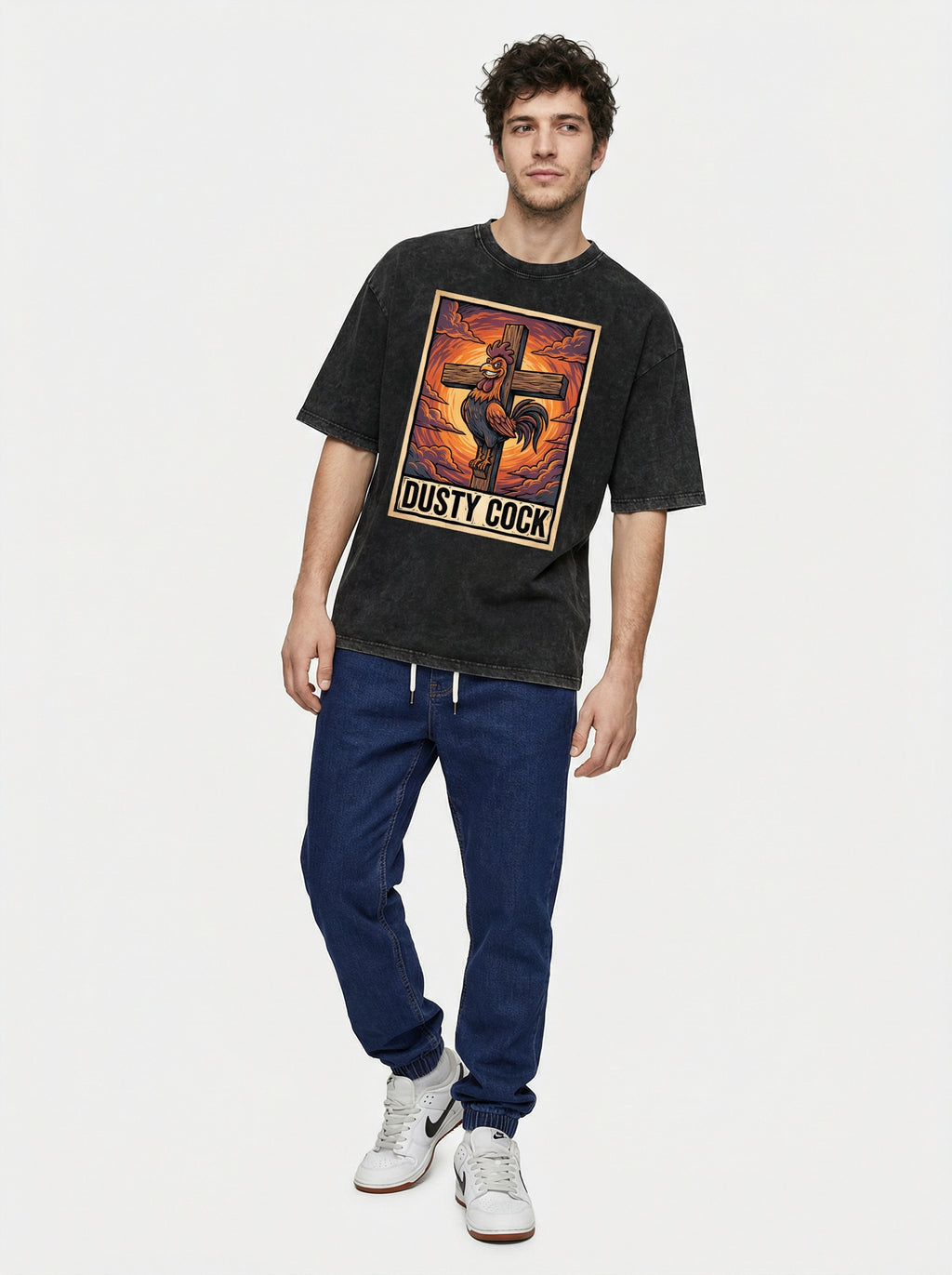 Saint Rooster on Cross – Heavyweight 100% Cotton, Vintage Wash, Washed Black