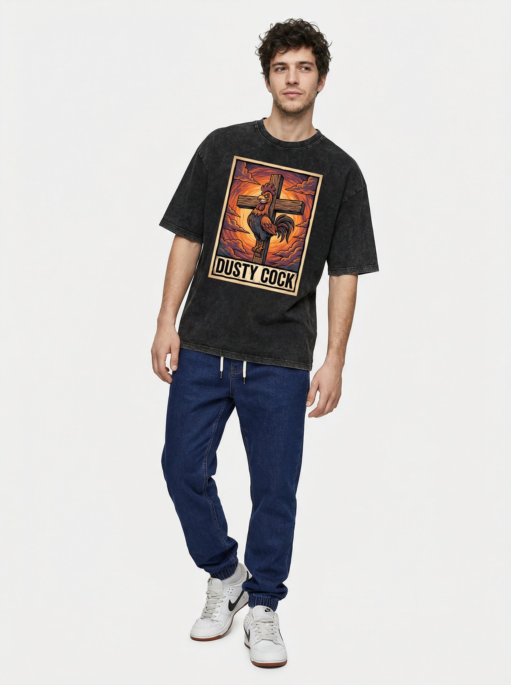 Saint Rooster on Cross – Heavyweight 100% Cotton, Vintage Wash, Washed Black