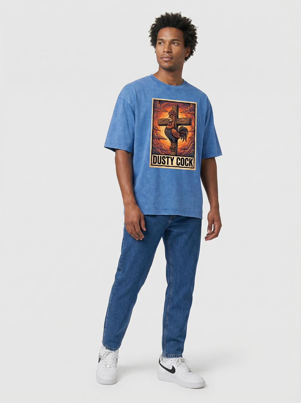 Saint Rooster on Cross – Heavyweight 100% Cotton, Vintage Wash, Washed