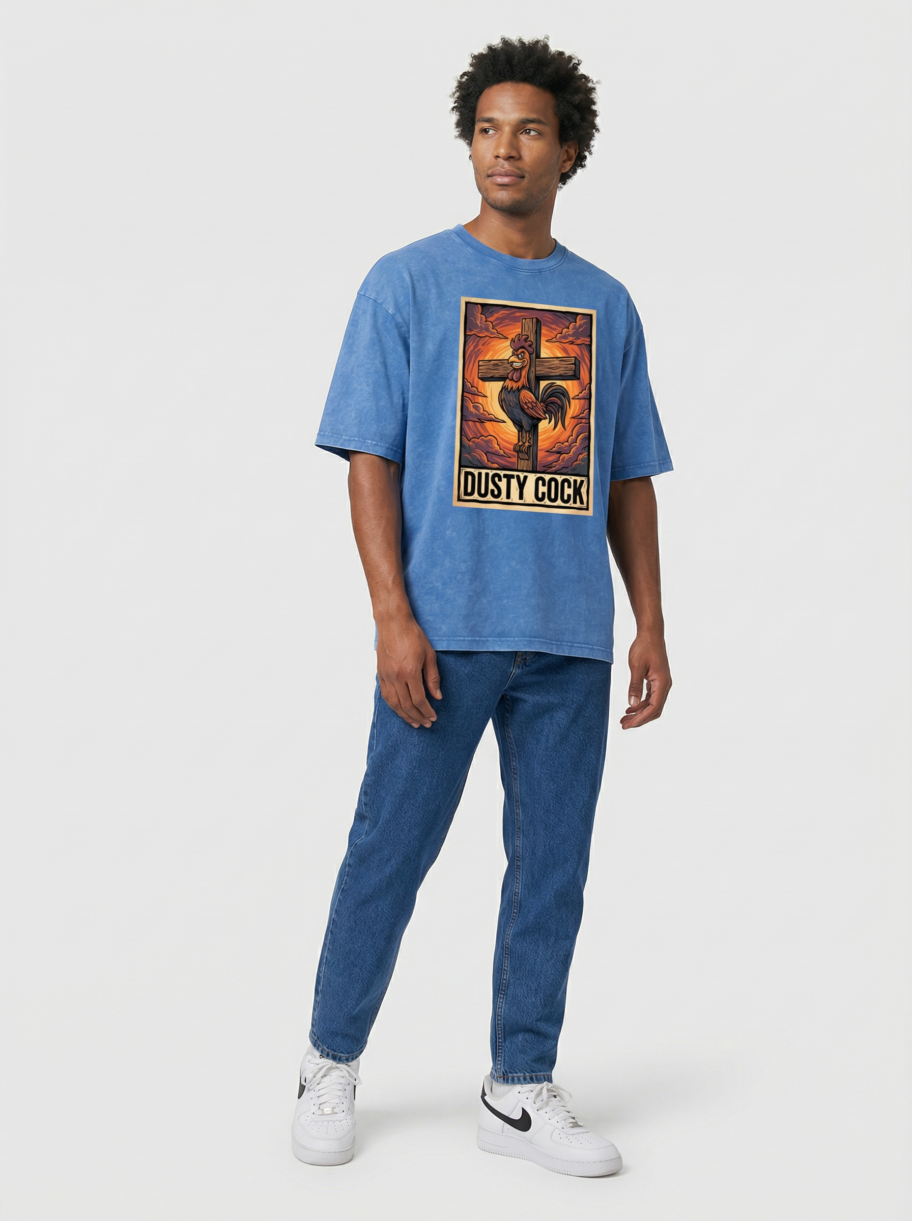 Saint Rooster on Cross – Heavyweight 100% Cotton, Vintage Wash, Washed