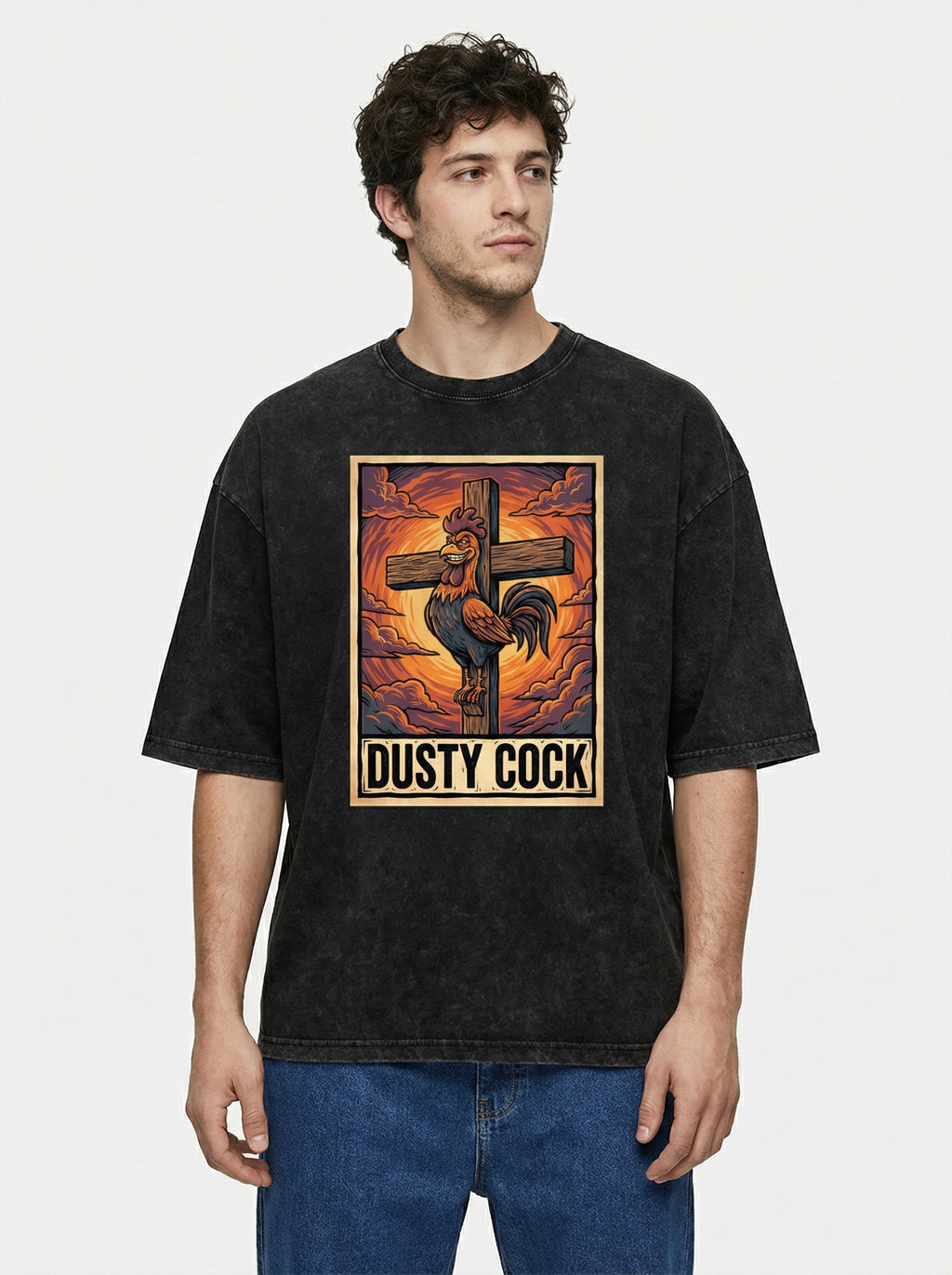 Saint Rooster on Cross – Heavyweight 100% Cotton, Vintage Wash, Washed Black