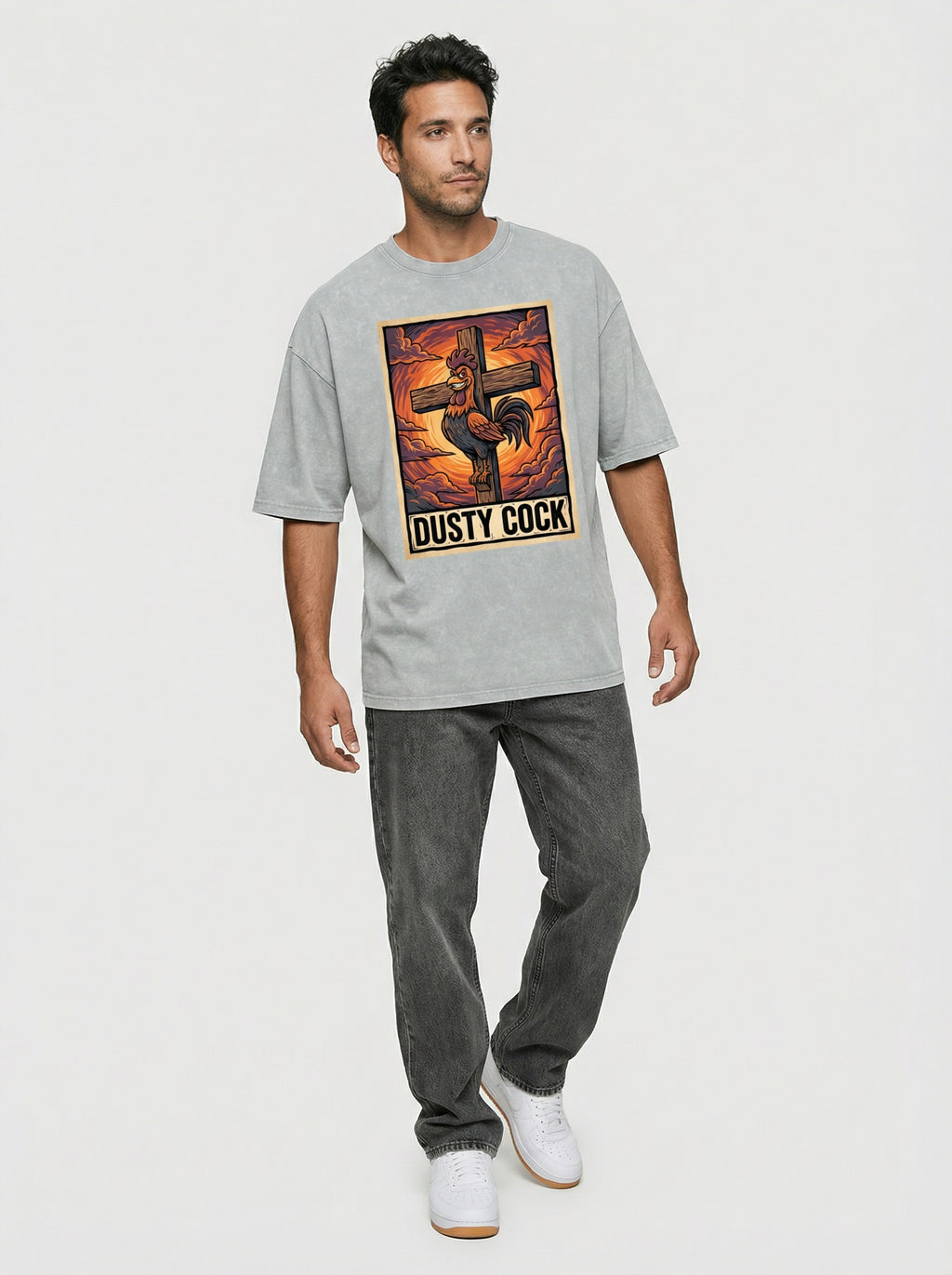 Saint Rooster on Cross – Heavyweight 100% Cotton, Vintage Wash, Washed