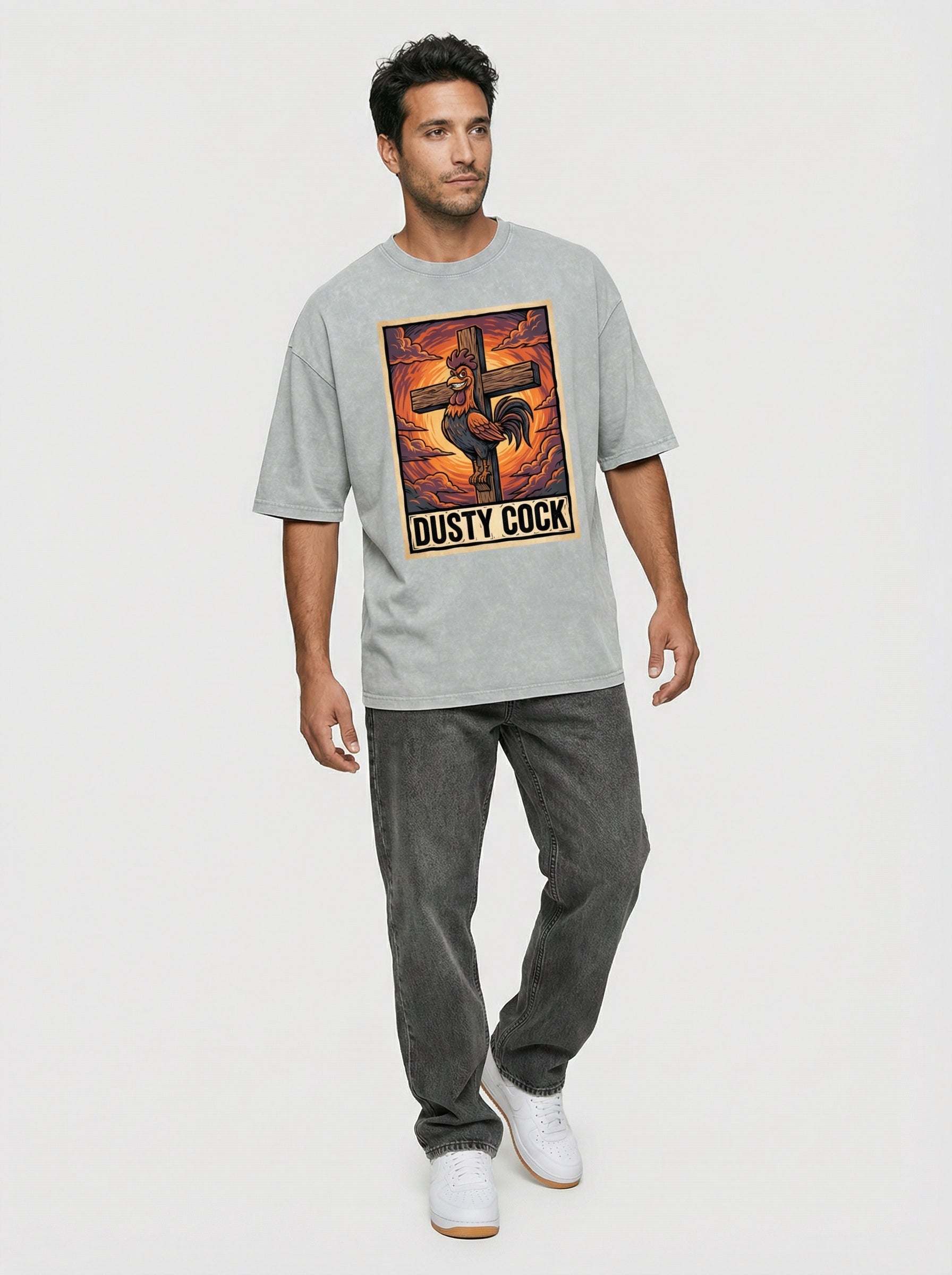 Saint Rooster on Cross – Heavyweight 100% Cotton, Vintage Wash, Washed