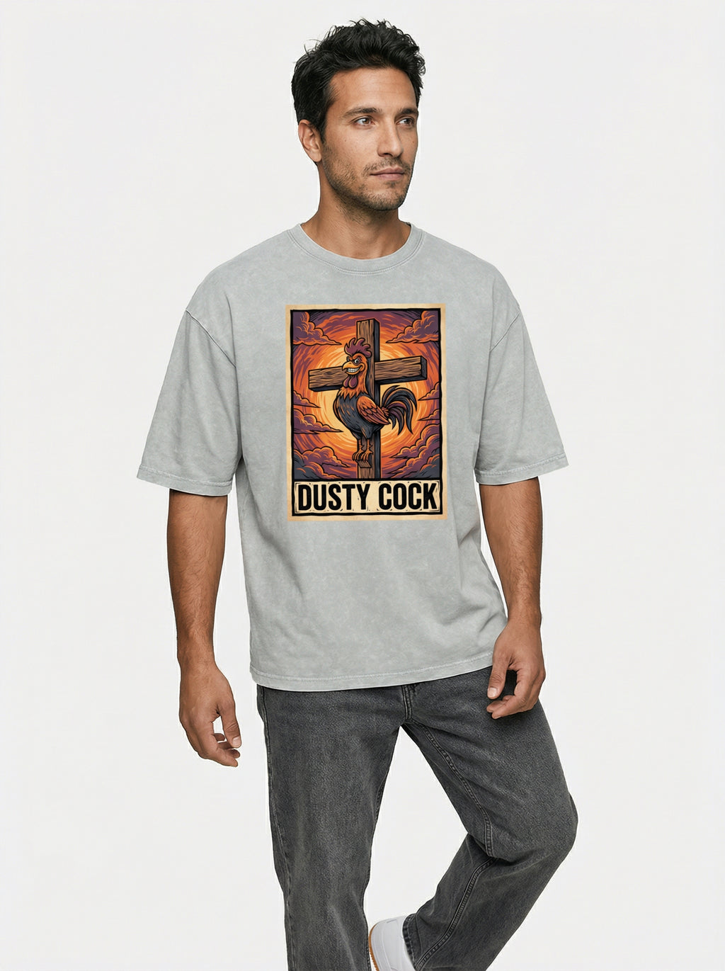 Saint Rooster on Cross – Heavyweight 100% Cotton, Vintage Wash, Washed