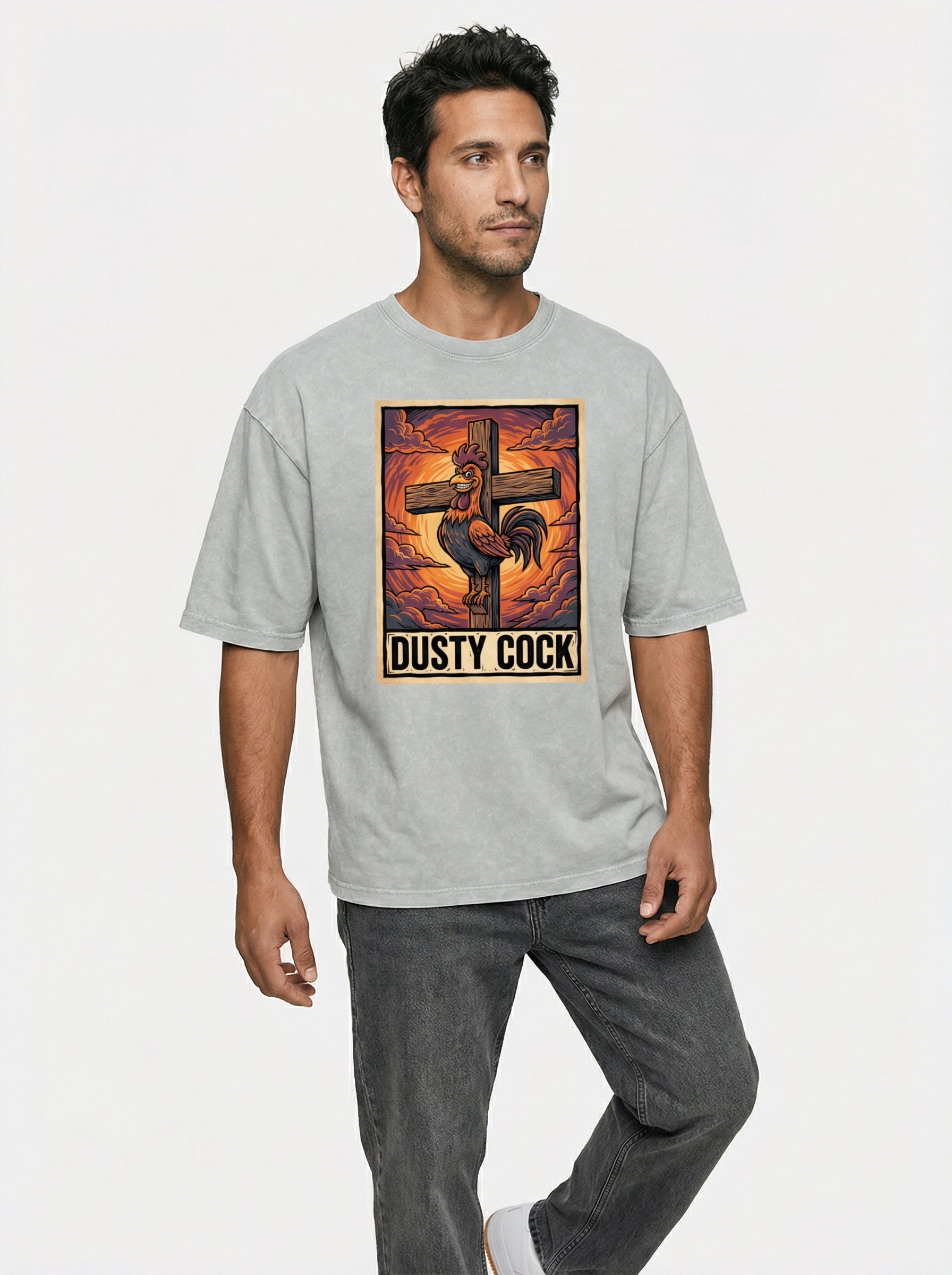 Saint Rooster on Cross – Heavyweight 100% Cotton, Vintage Wash, Washed