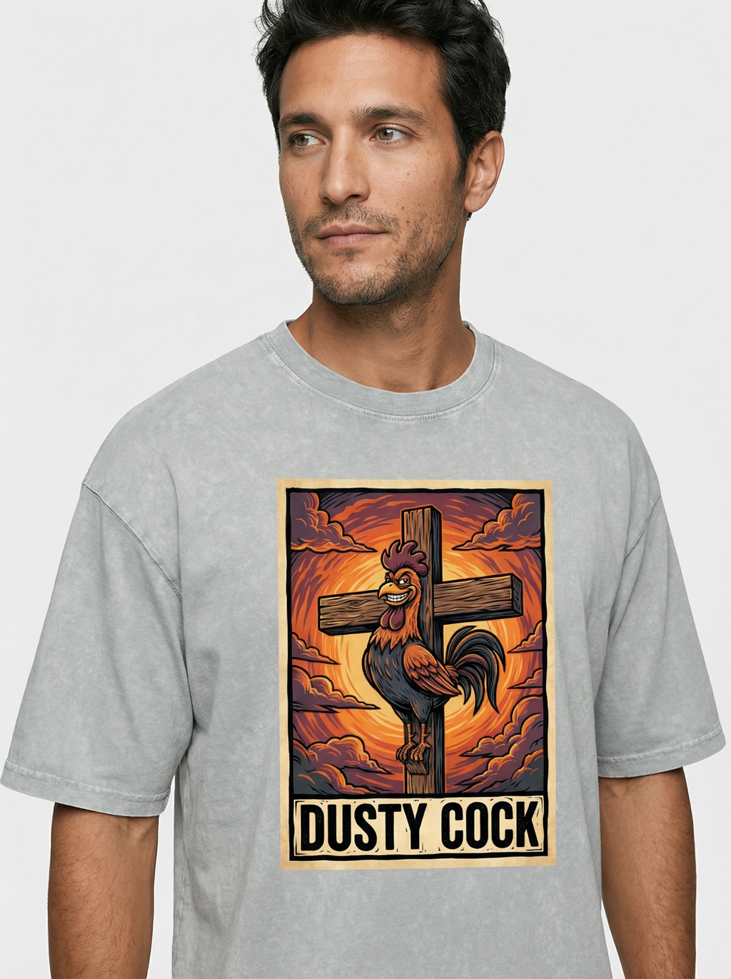 Saint Rooster on Cross – Heavyweight 100% Cotton, Vintage Wash, Washed