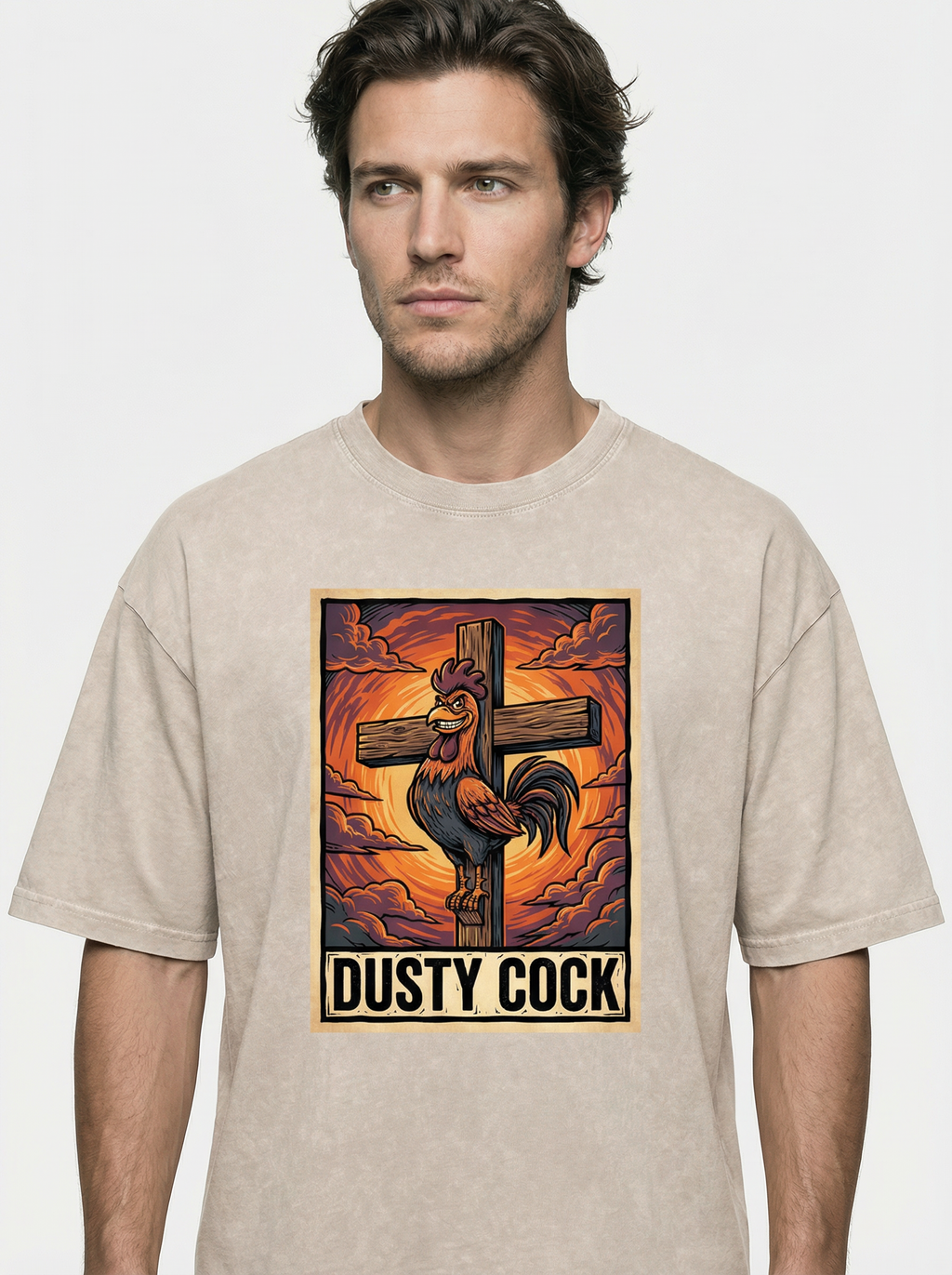 Saint Rooster on Cross – Heavyweight 100% Cotton, Vintage Wash, Washed