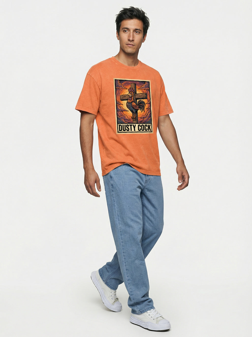 Saint Rooster on Cross – Heavyweight 100% Cotton, Vintage Wash, Washed