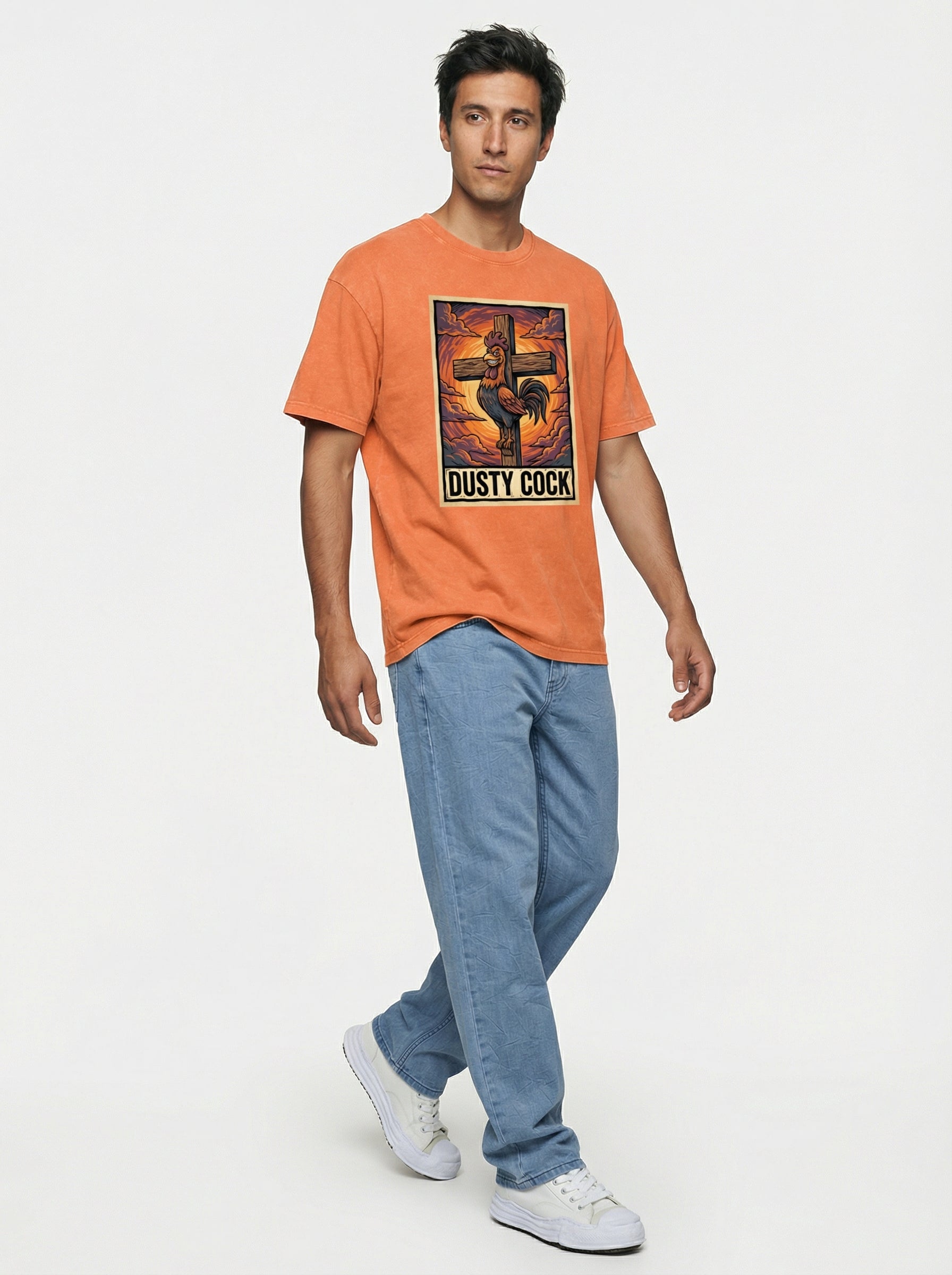 Saint Rooster on Cross – Heavyweight 100% Cotton, Vintage Wash, Washed