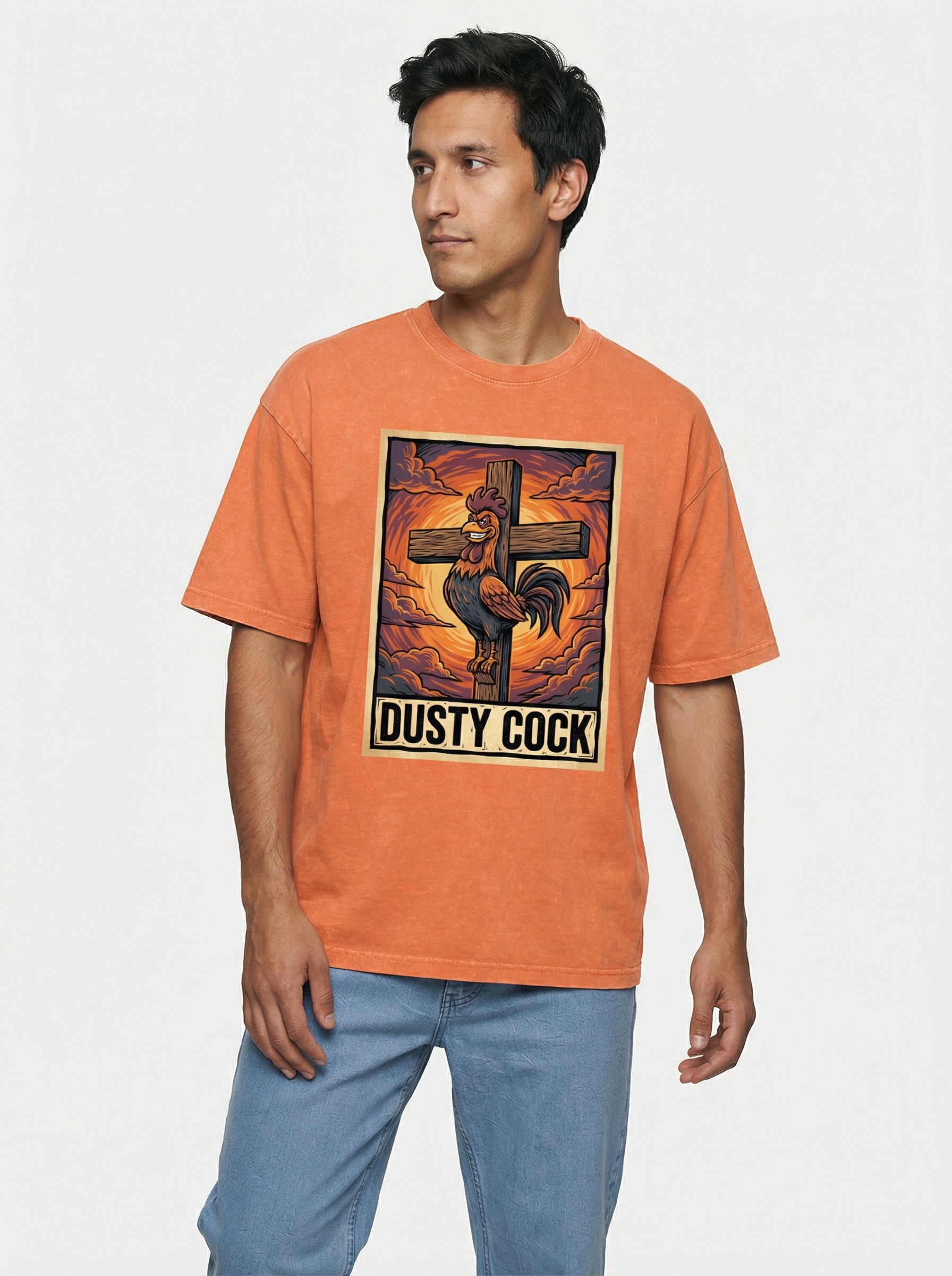 Saint Rooster on Cross – Heavyweight 100% Cotton, Vintage Wash, Washed