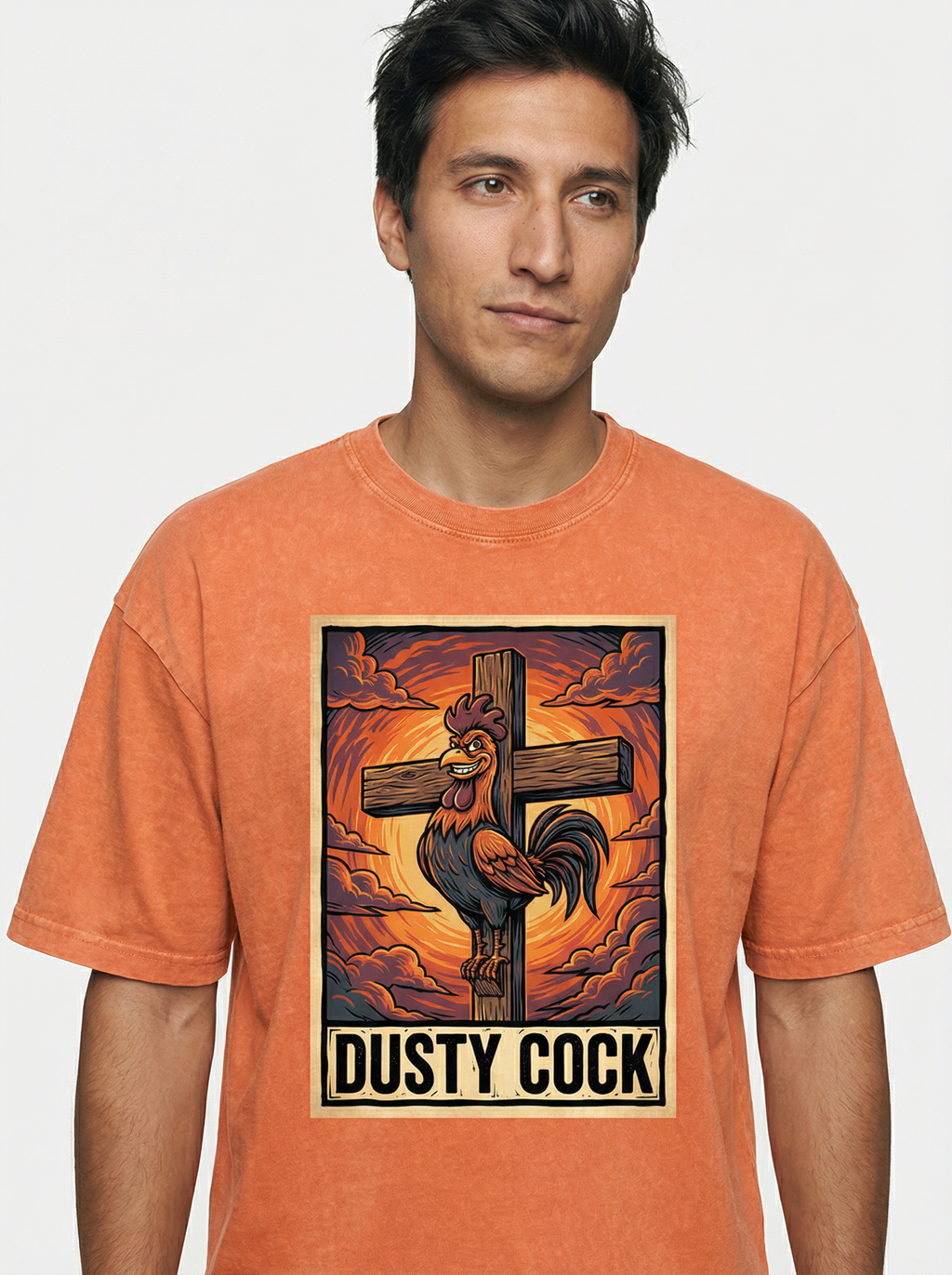 Saint Rooster on Cross – Heavyweight 100% Cotton, Vintage Wash, Washed
