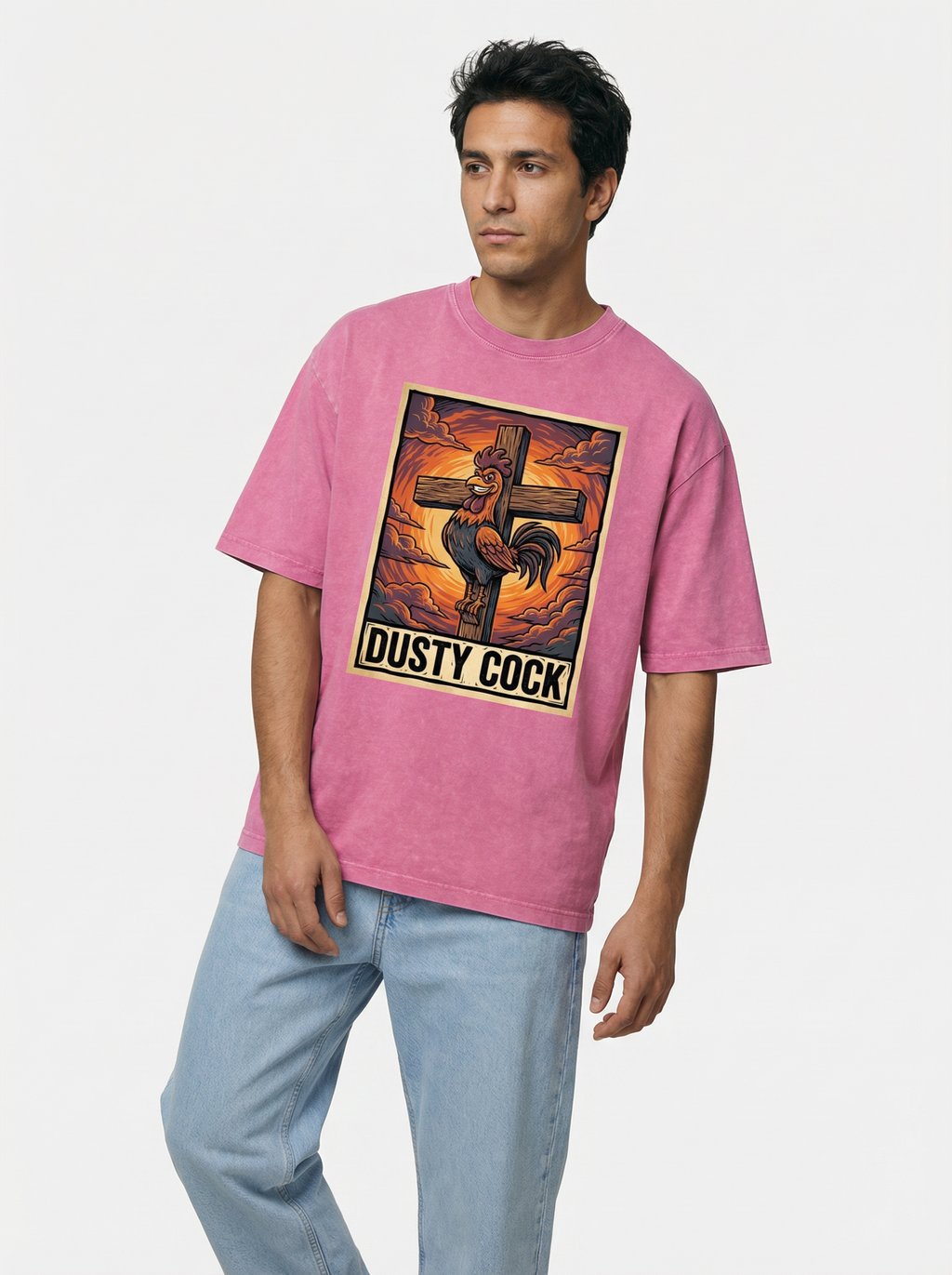 Saint Rooster on Cross – Heavyweight 100% Cotton, Vintage Wash, Washed