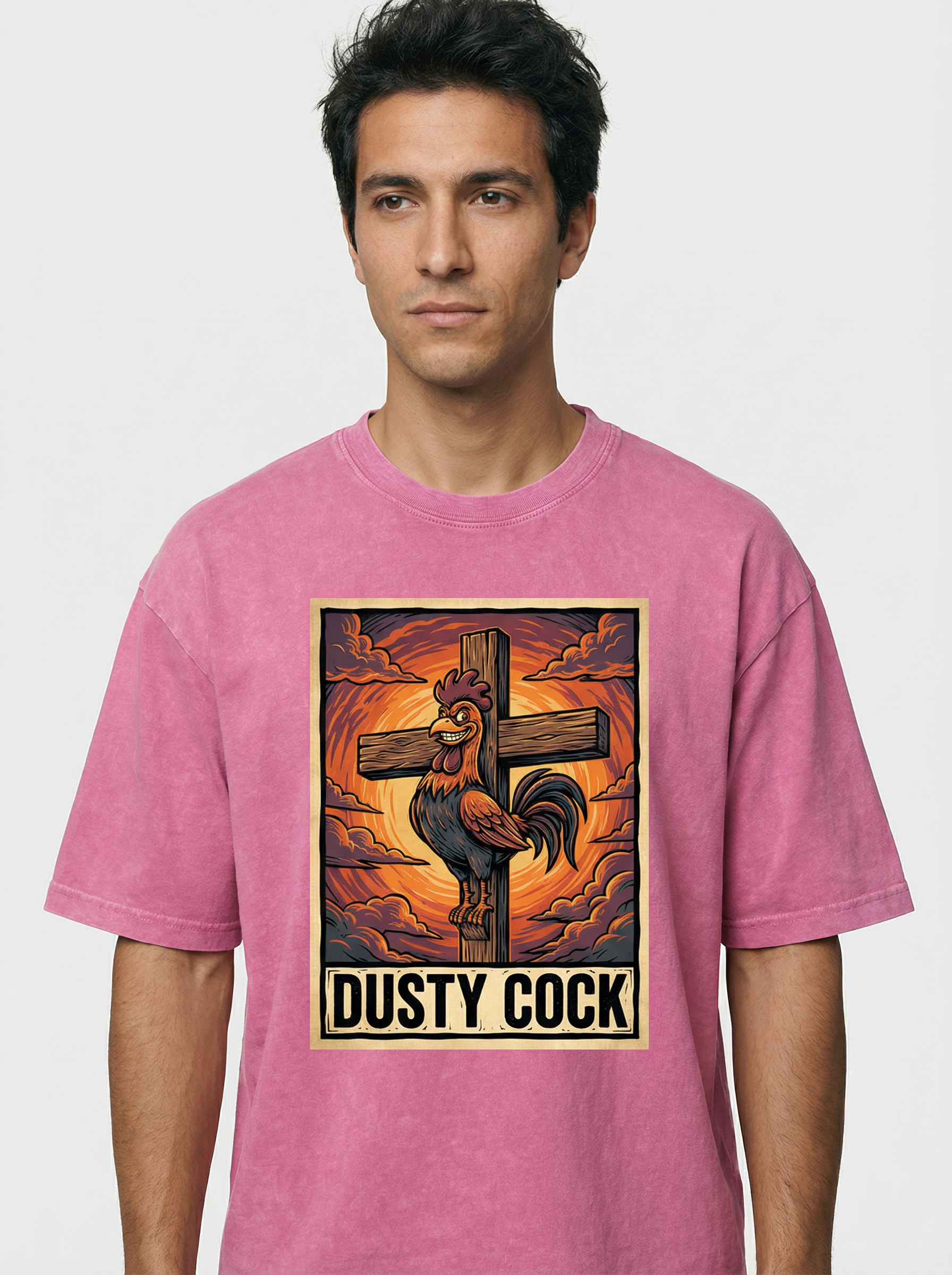 Saint Rooster on Cross – Heavyweight 100% Cotton, Vintage Wash, Washed
