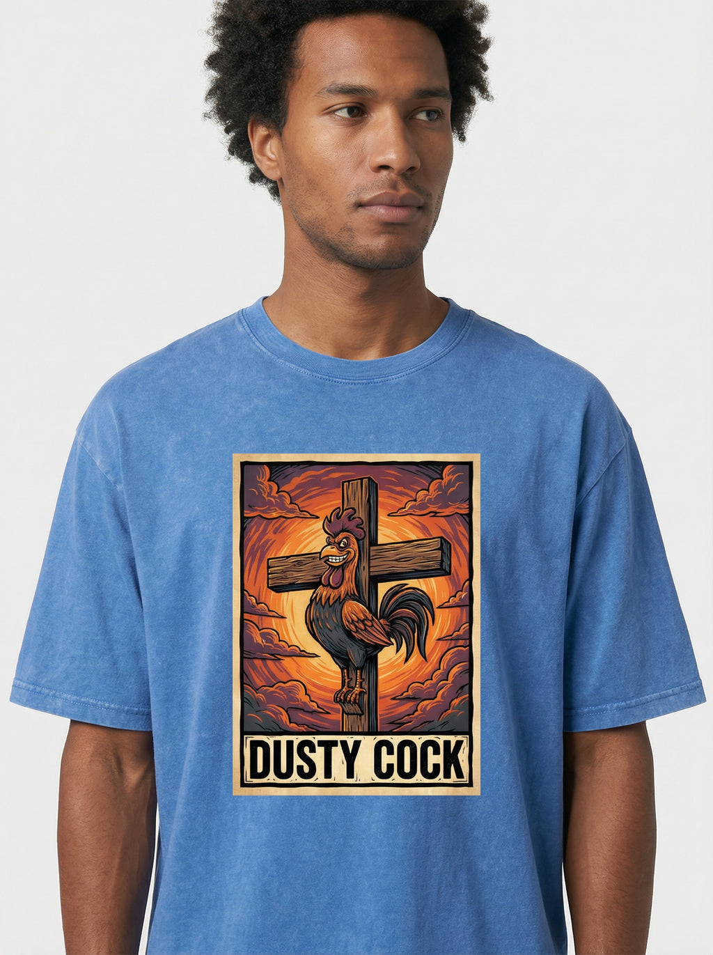 Saint Rooster on Cross – Heavyweight 100% Cotton, Vintage Wash, Washed