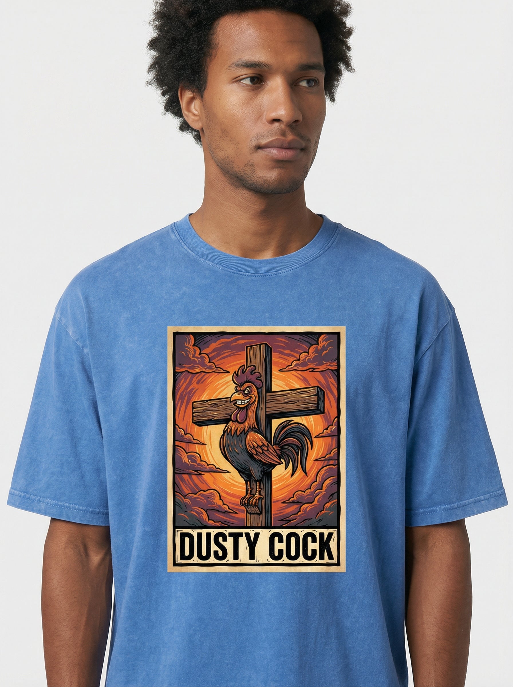 Saint Rooster on Cross – Heavyweight 100% Cotton, Vintage Wash, Washed