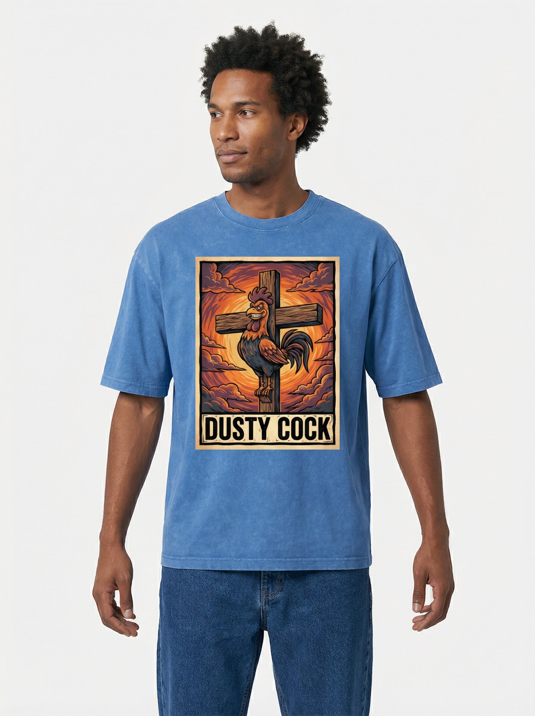 Saint Rooster on Cross – Heavyweight 100% Cotton, Vintage Wash, Washed