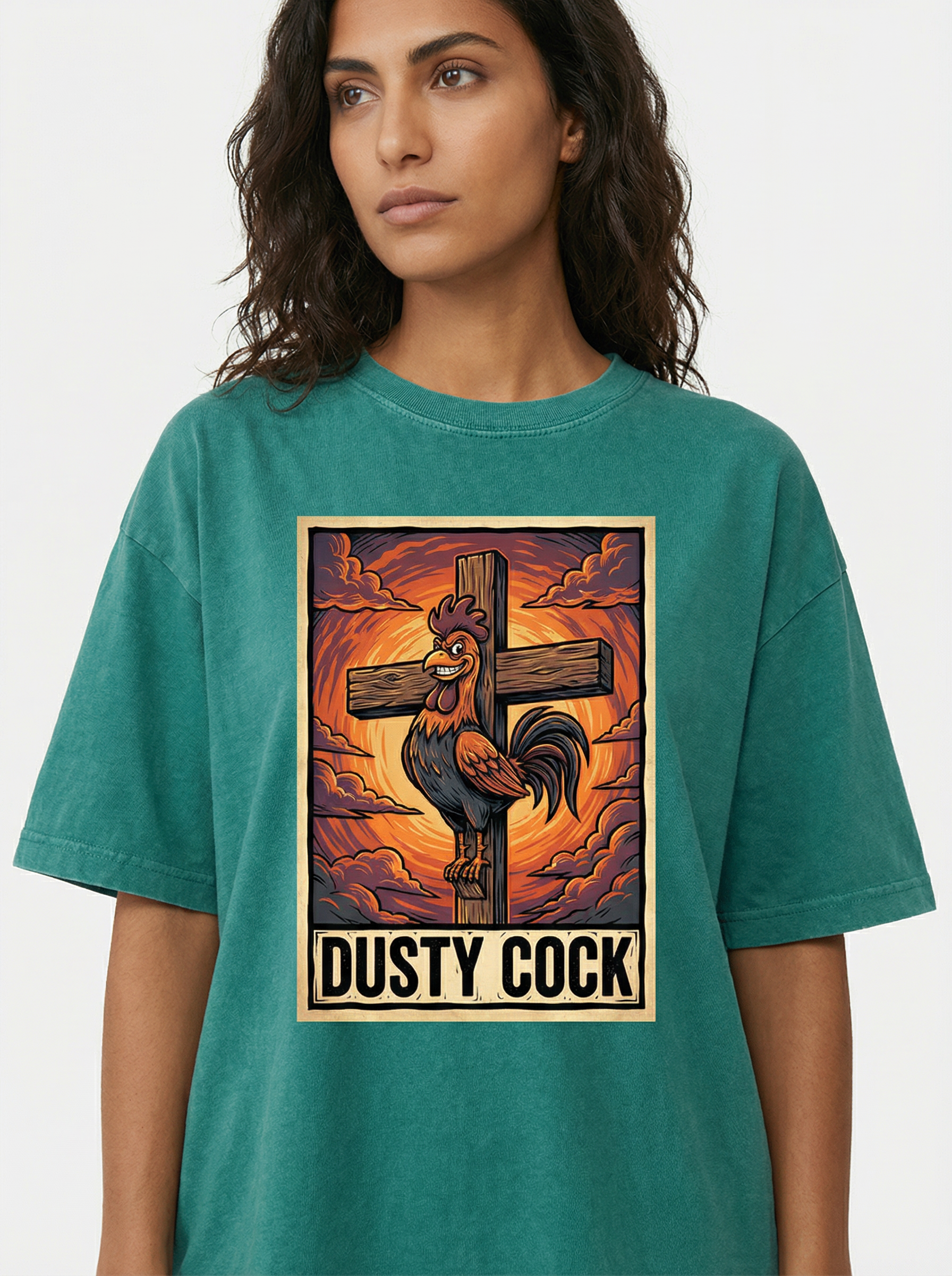 Saint Rooster on Cross – Heavyweight 100% Cotton, Vintage Wash, Washed