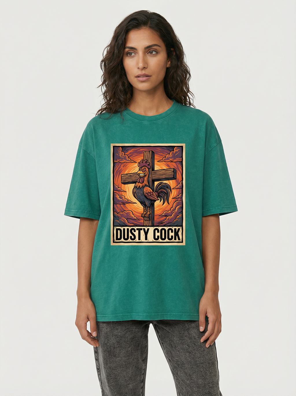 Saint Rooster on Cross – Heavyweight 100% Cotton, Vintage Wash, Washed