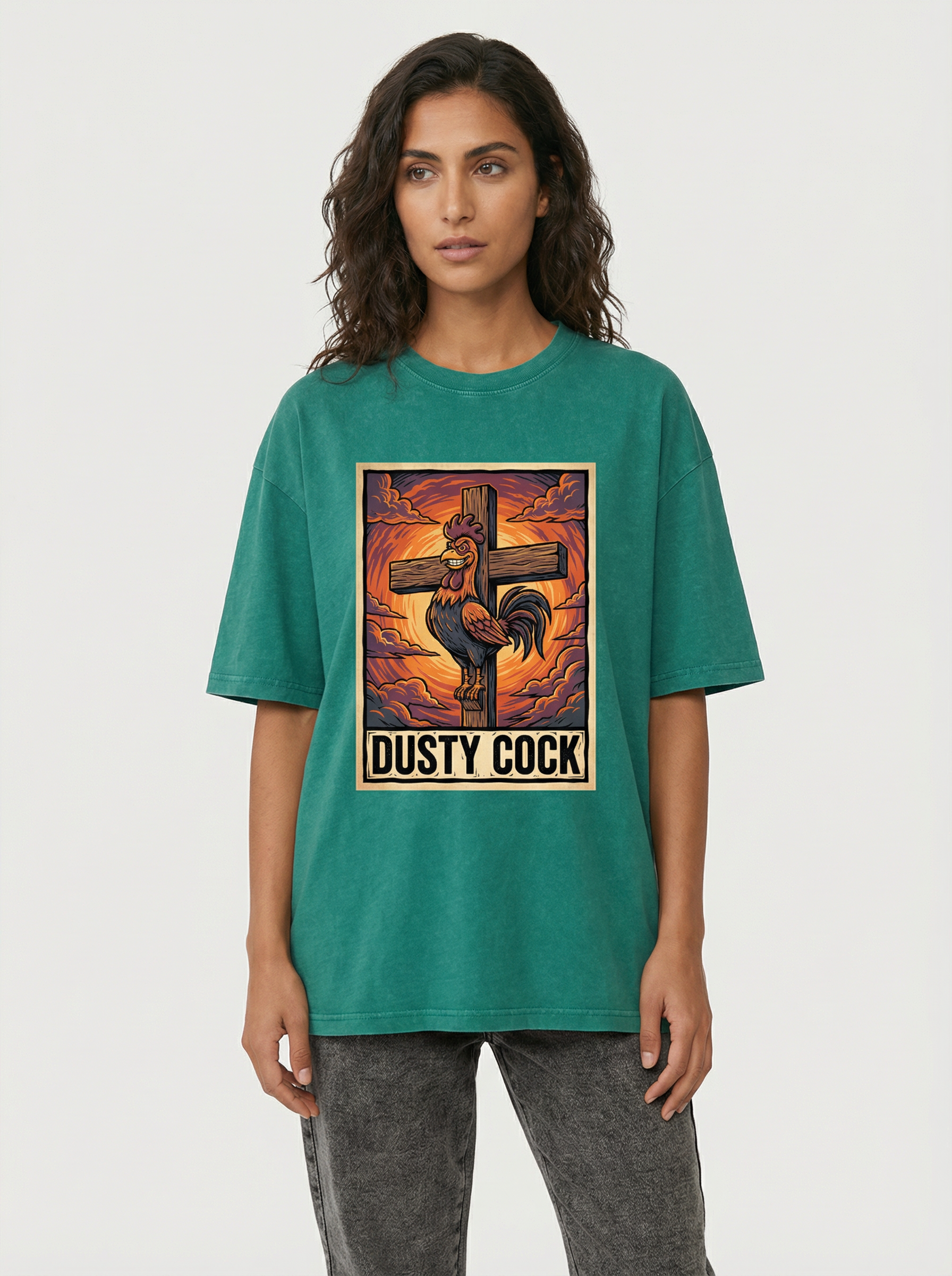 Saint Rooster on Cross – Heavyweight 100% Cotton, Vintage Wash, Washed