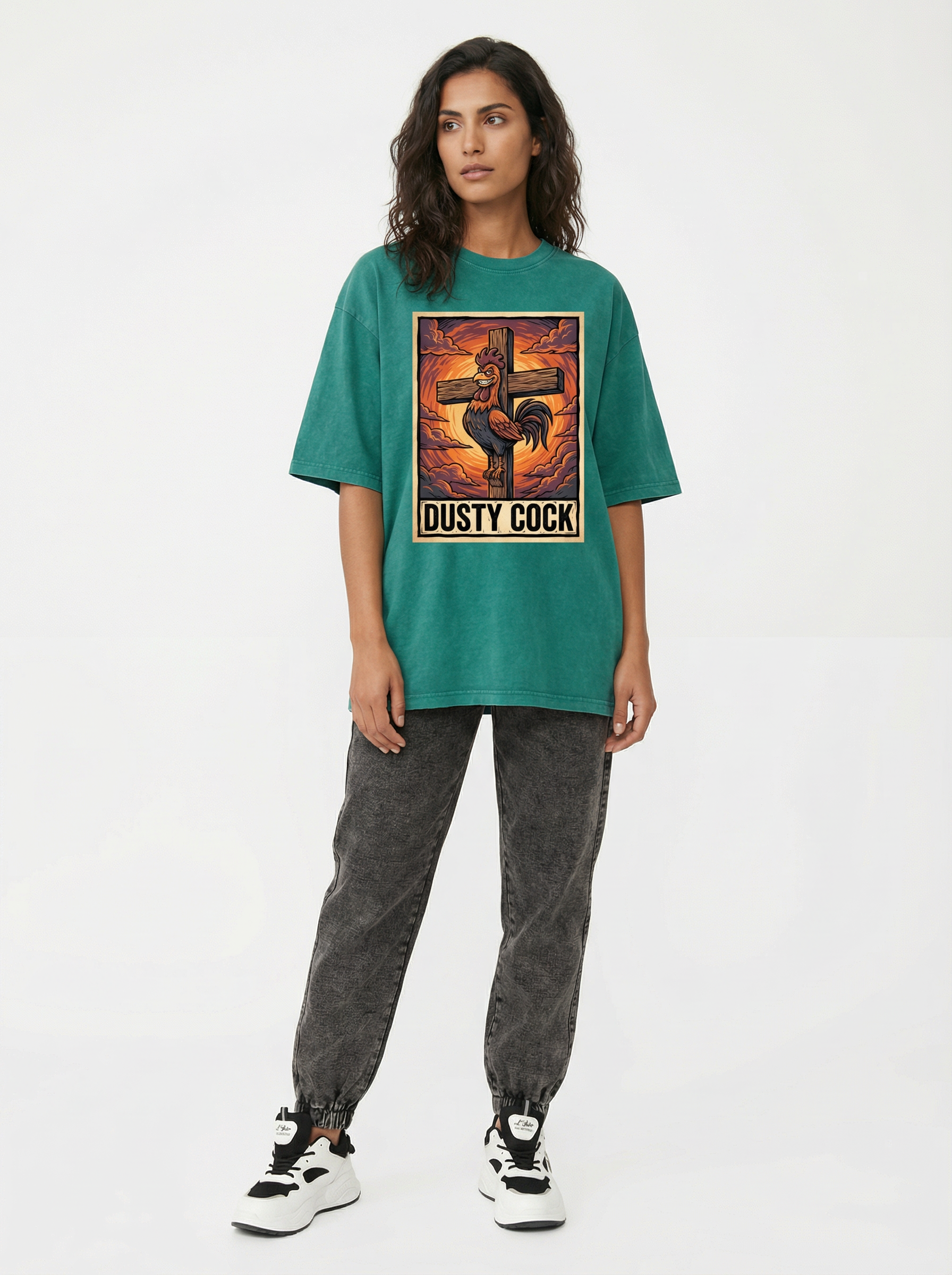 Saint Rooster on Cross – Heavyweight 100% Cotton, Vintage Wash, Washed
