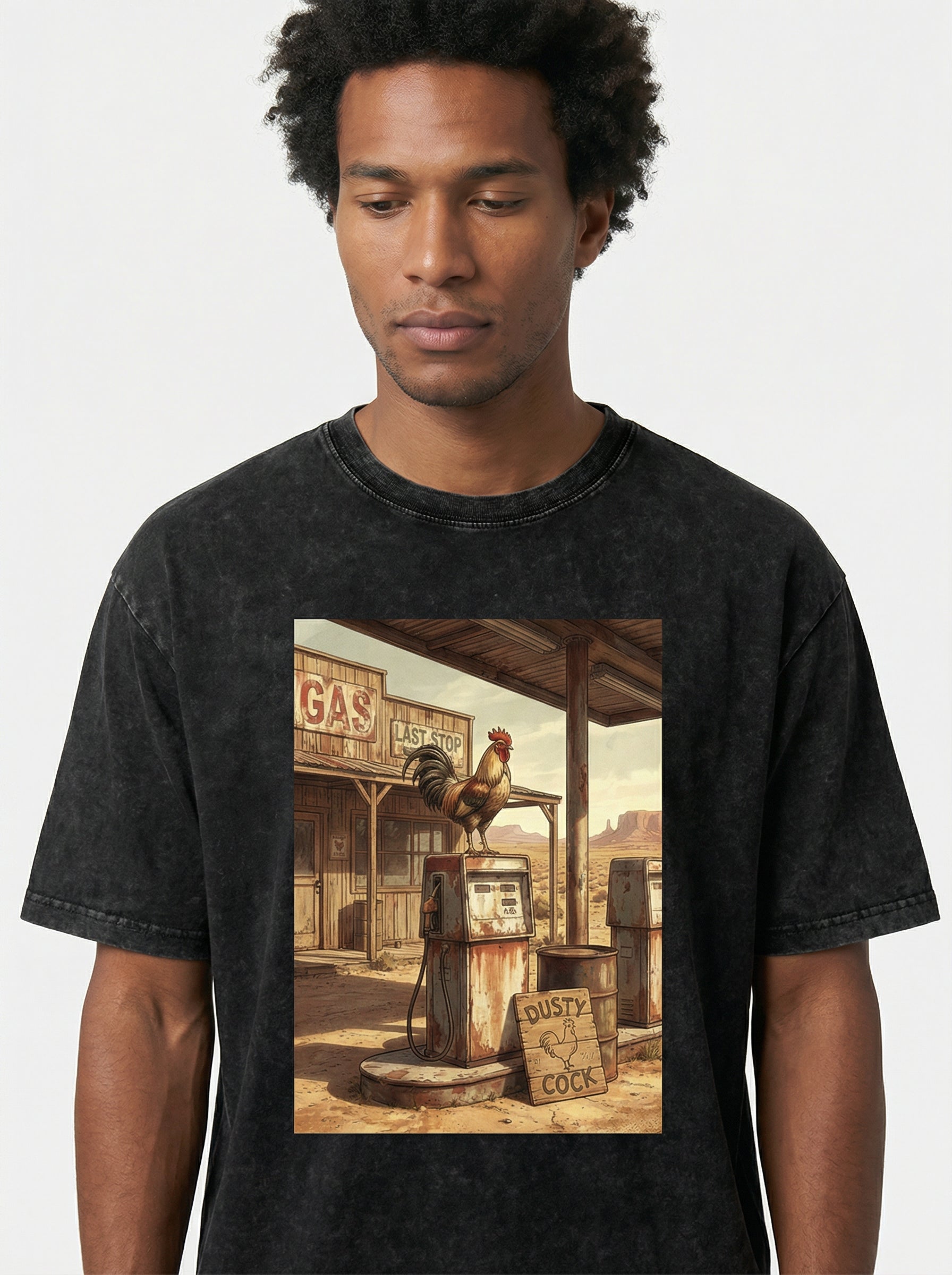 Dusty Cock, Desert Rooster Cowboy Graphic Tee – Heavyweight 100% Cotton, Vintage Wash