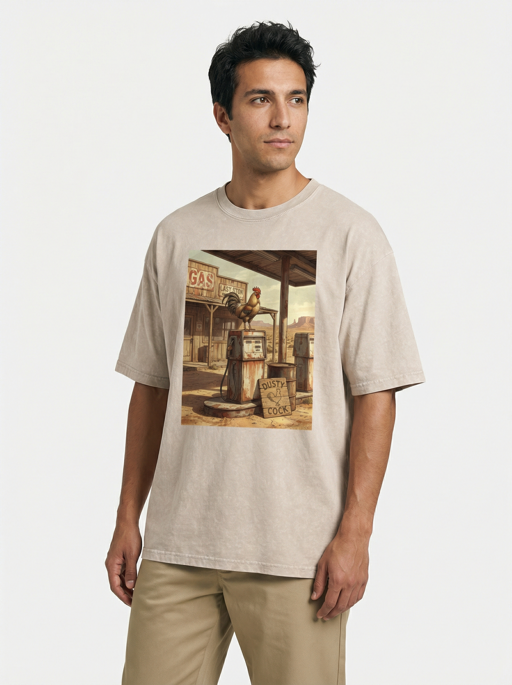 Dusty Cock, Desert Rooster Cowboy Graphic Tee – Heavyweight 100% Cotton, Vintage Wash