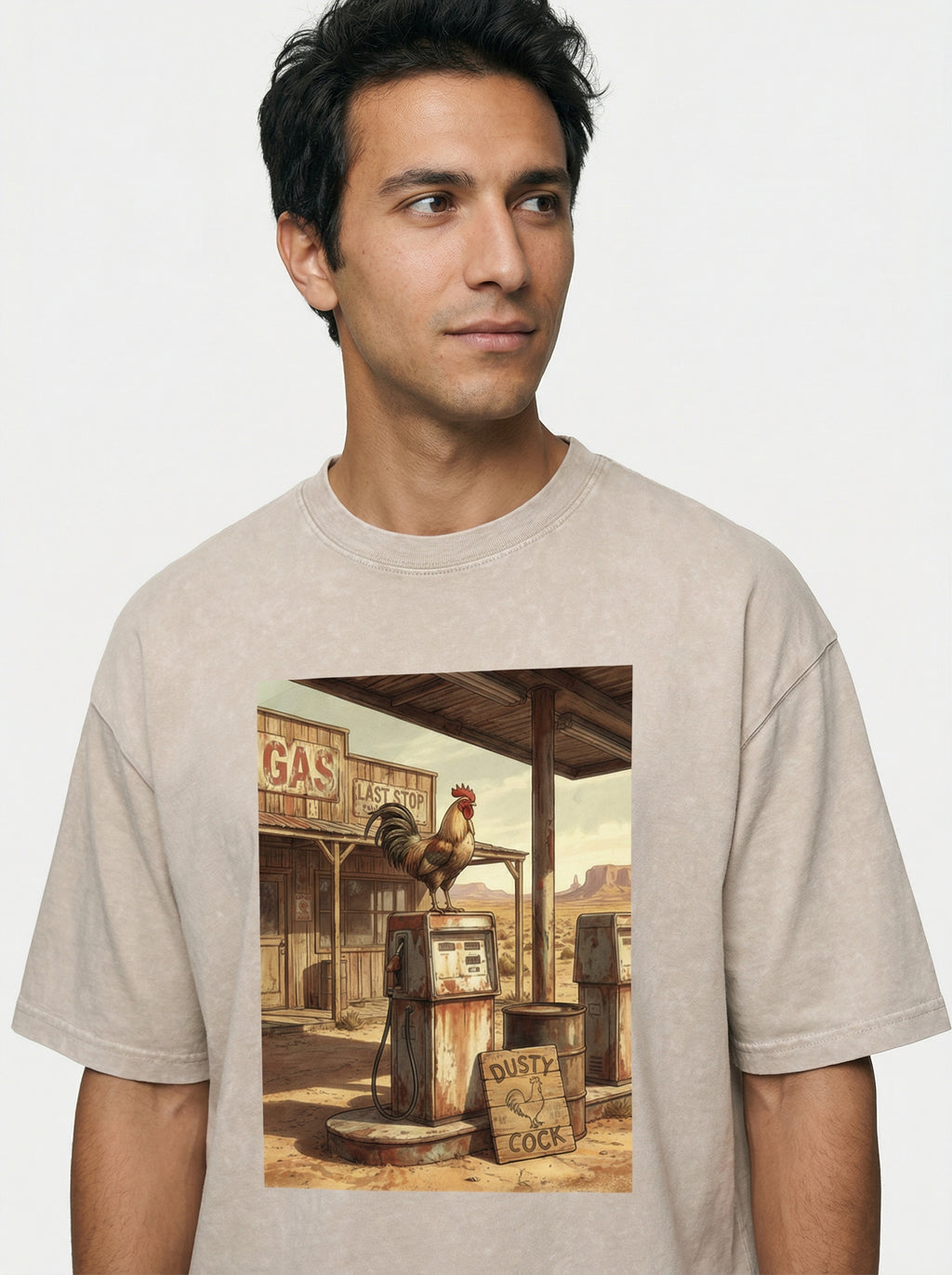 Dusty Cock, Desert Rooster Cowboy Graphic Tee – Heavyweight 100% Cotton, Vintage Wash