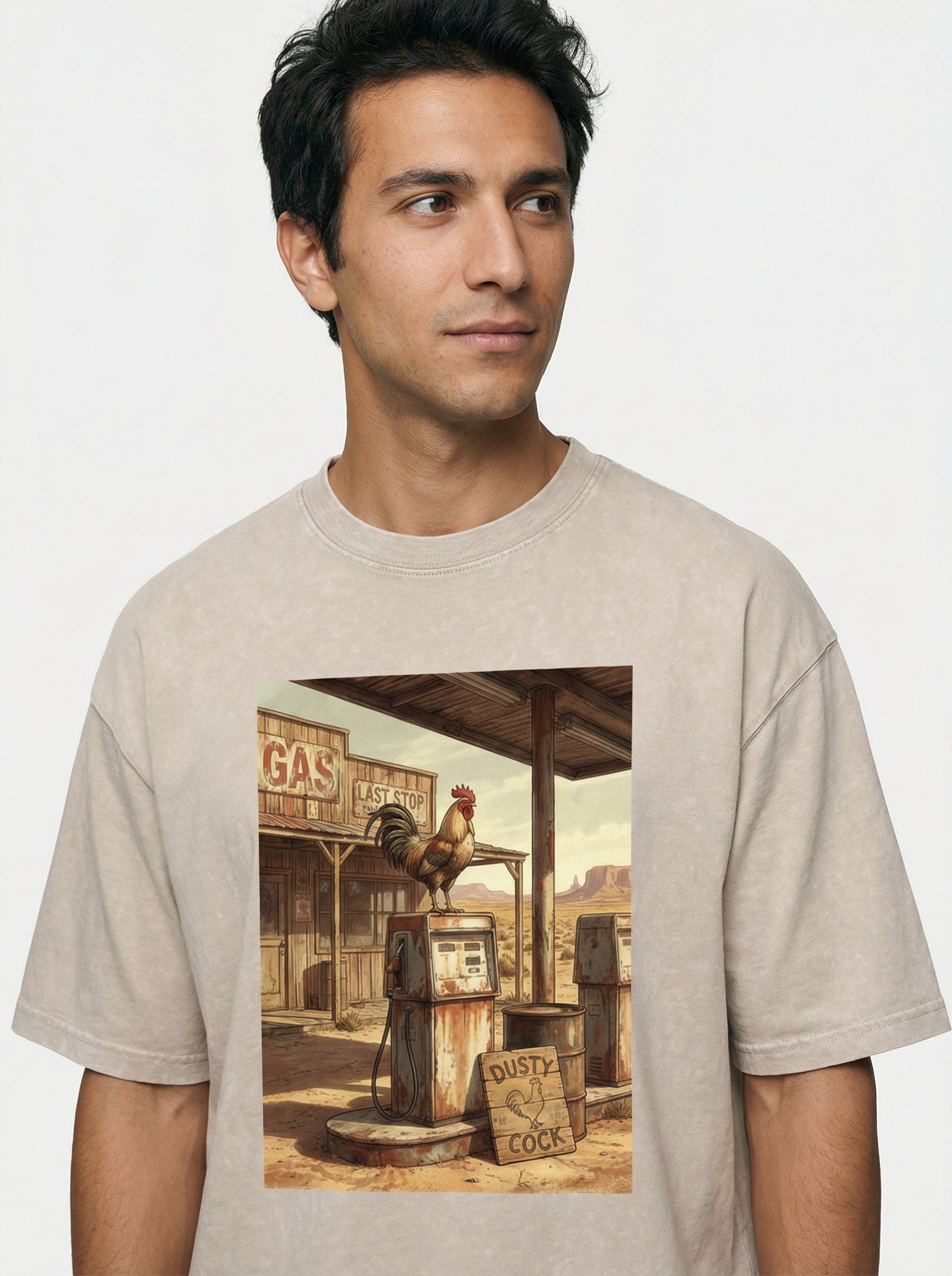 Dusty Cock, Desert Rooster Cowboy Graphic Tee – Heavyweight 100% Cotton, Vintage Wash