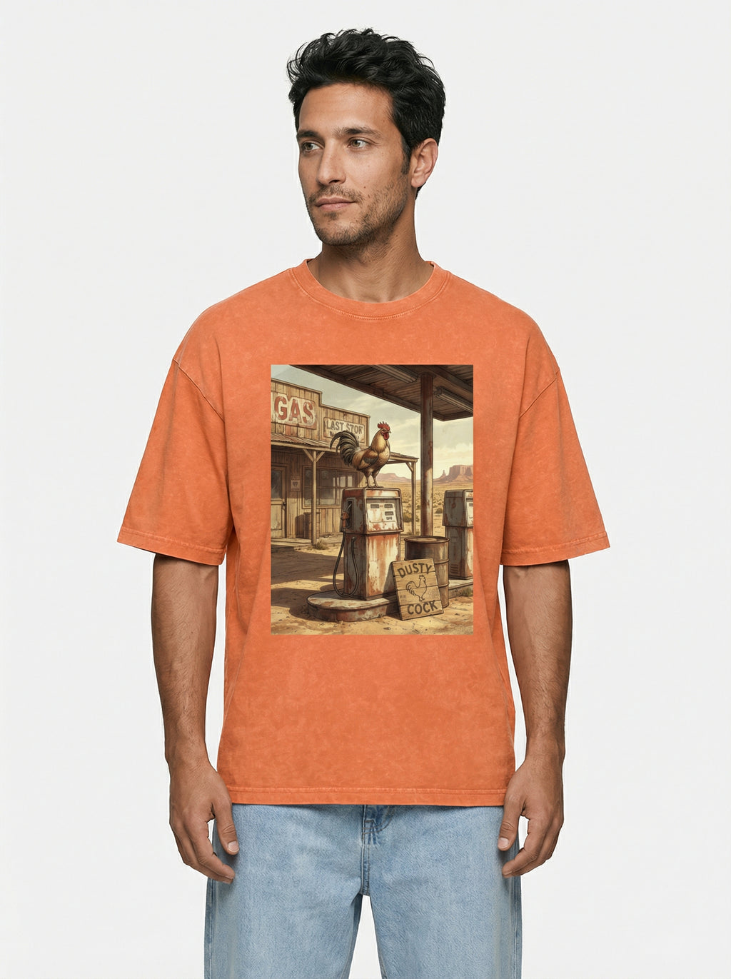 Dusty Cock, Desert Rooster Cowboy Graphic Tee – Heavyweight 100% Cotton, Vintage Wash