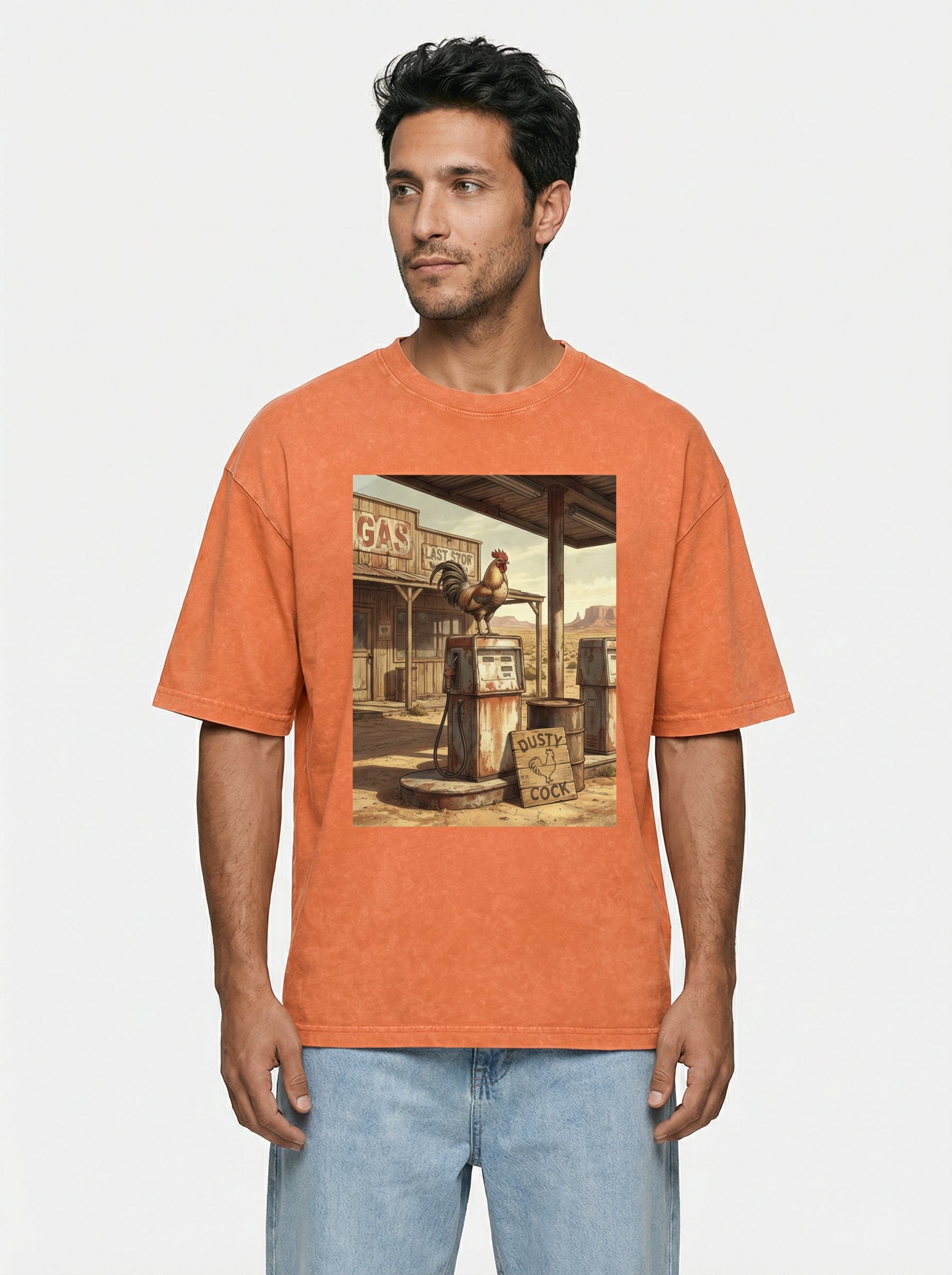Dusty Cock, Desert Rooster Cowboy Graphic Tee – Heavyweight 100% Cotton, Vintage Wash