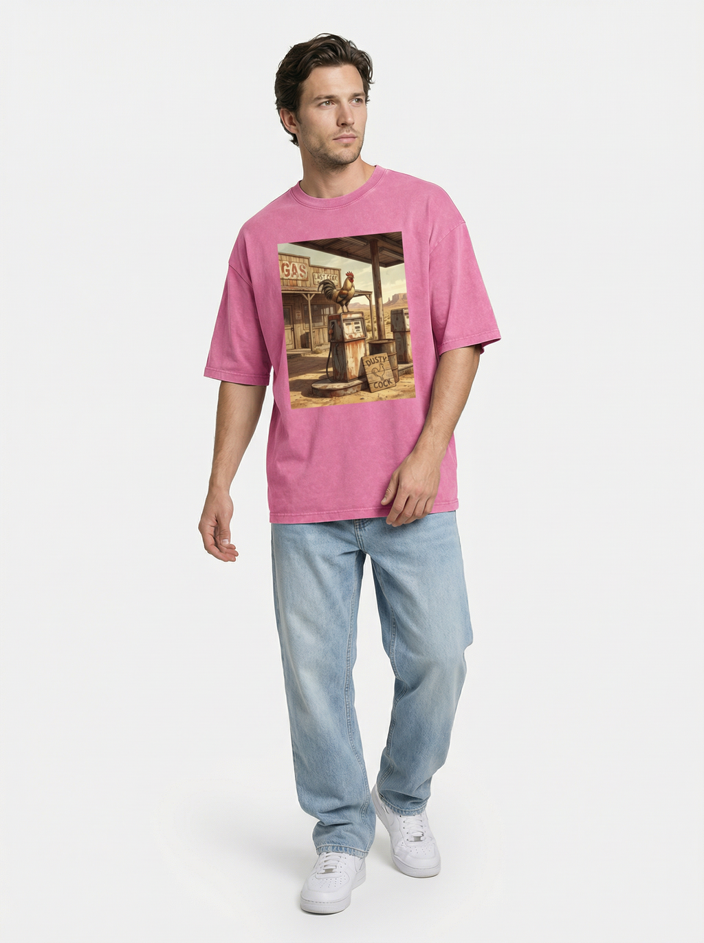 Dusty Cock, Desert Rooster Cowboy Graphic Tee – Heavyweight 100% Cotton, Vintage Wash