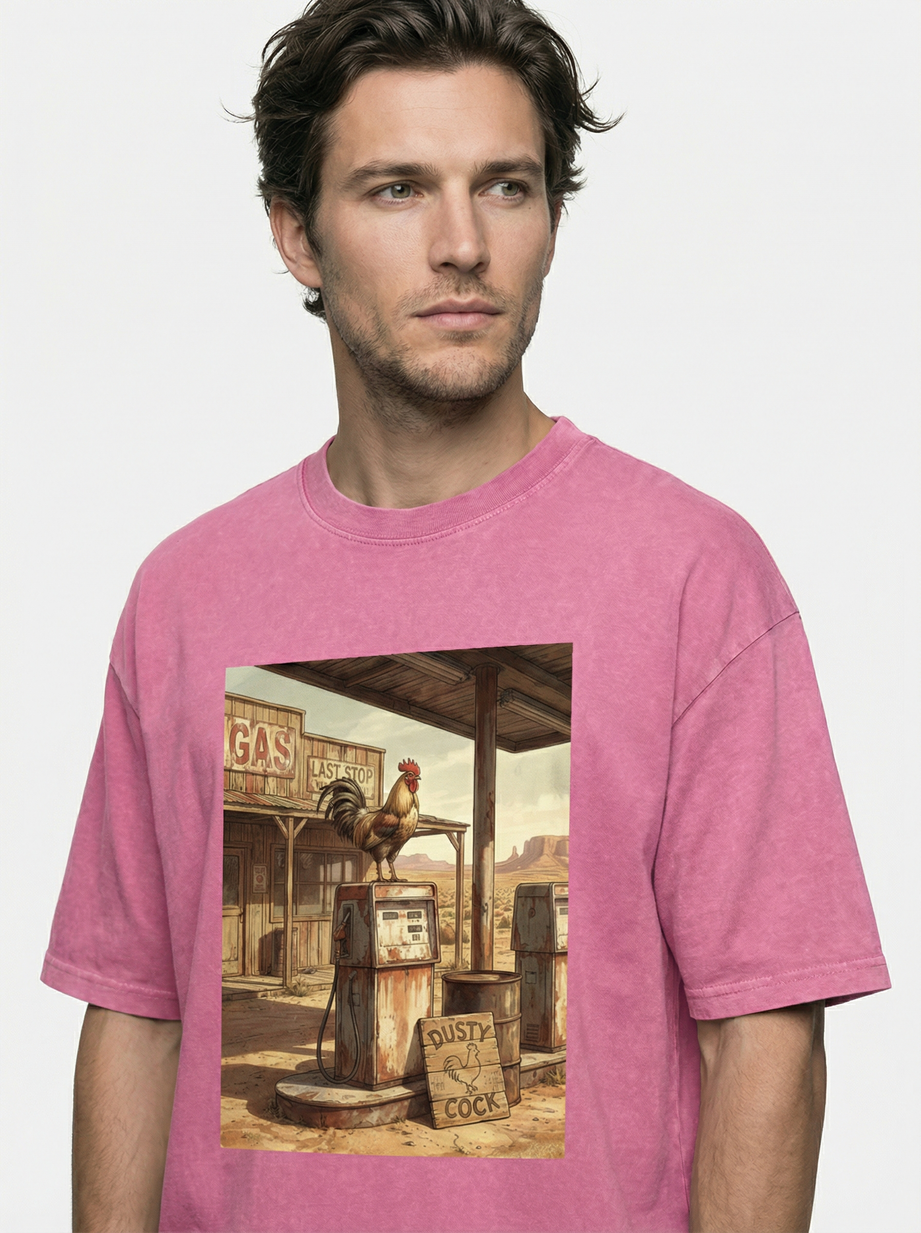 Dusty Cock, Desert Rooster Cowboy Graphic Tee – Heavyweight 100% Cotton, Vintage Wash
