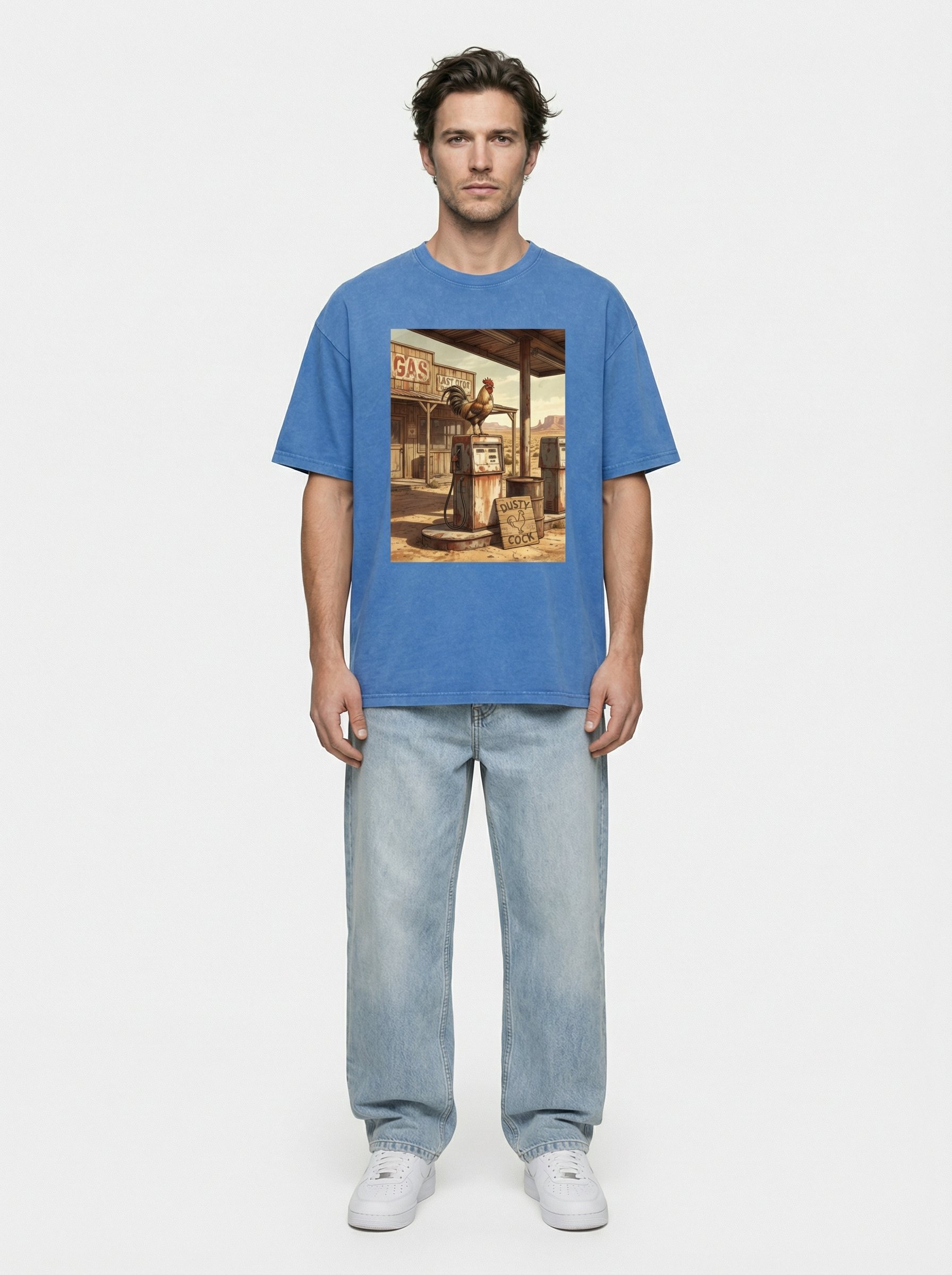 Dusty Cock, Desert Rooster Cowboy Graphic Tee – Heavyweight 100% Cotton, Vintage Wash
