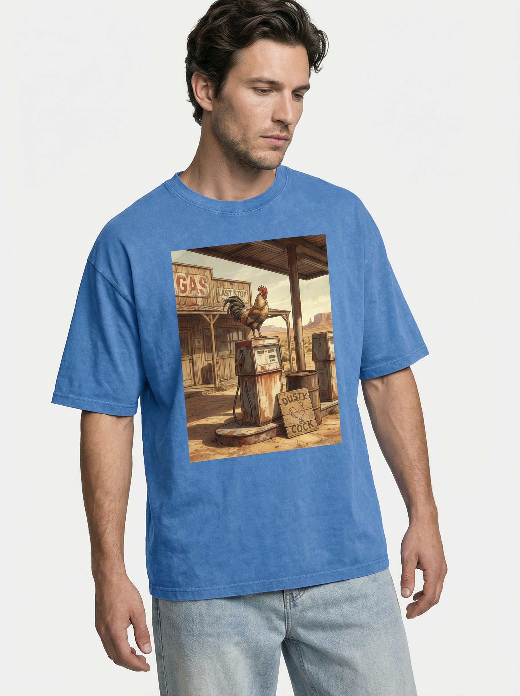Dusty Cock, Desert Rooster Cowboy Graphic Tee – Heavyweight 100% Cotton, Vintage Wash