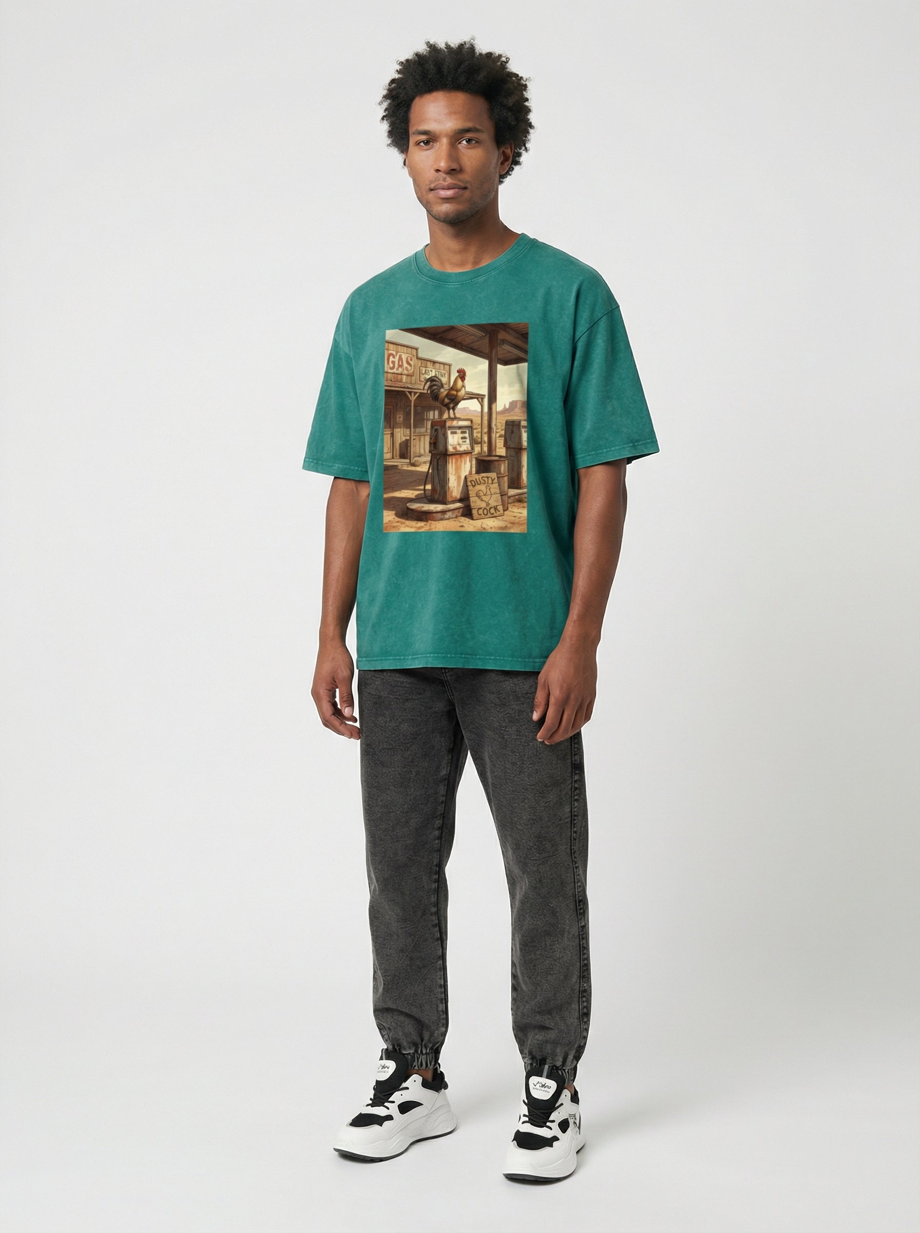 Dusty Cock, Desert Rooster Cowboy Graphic Tee – Heavyweight 100% Cotton, Vintage Wash