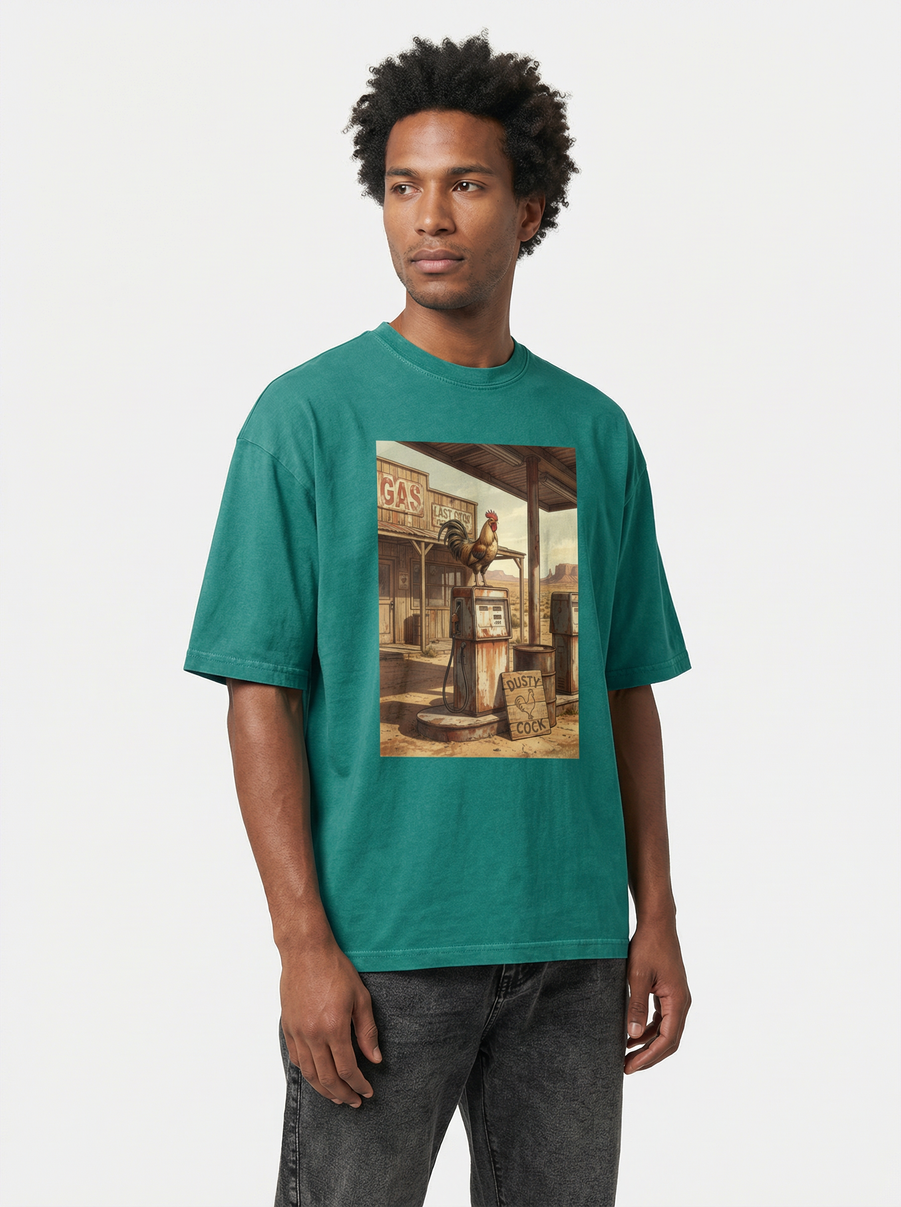 Dusty Cock, Desert Rooster Cowboy Graphic Tee – Heavyweight 100% Cotton, Vintage Wash
