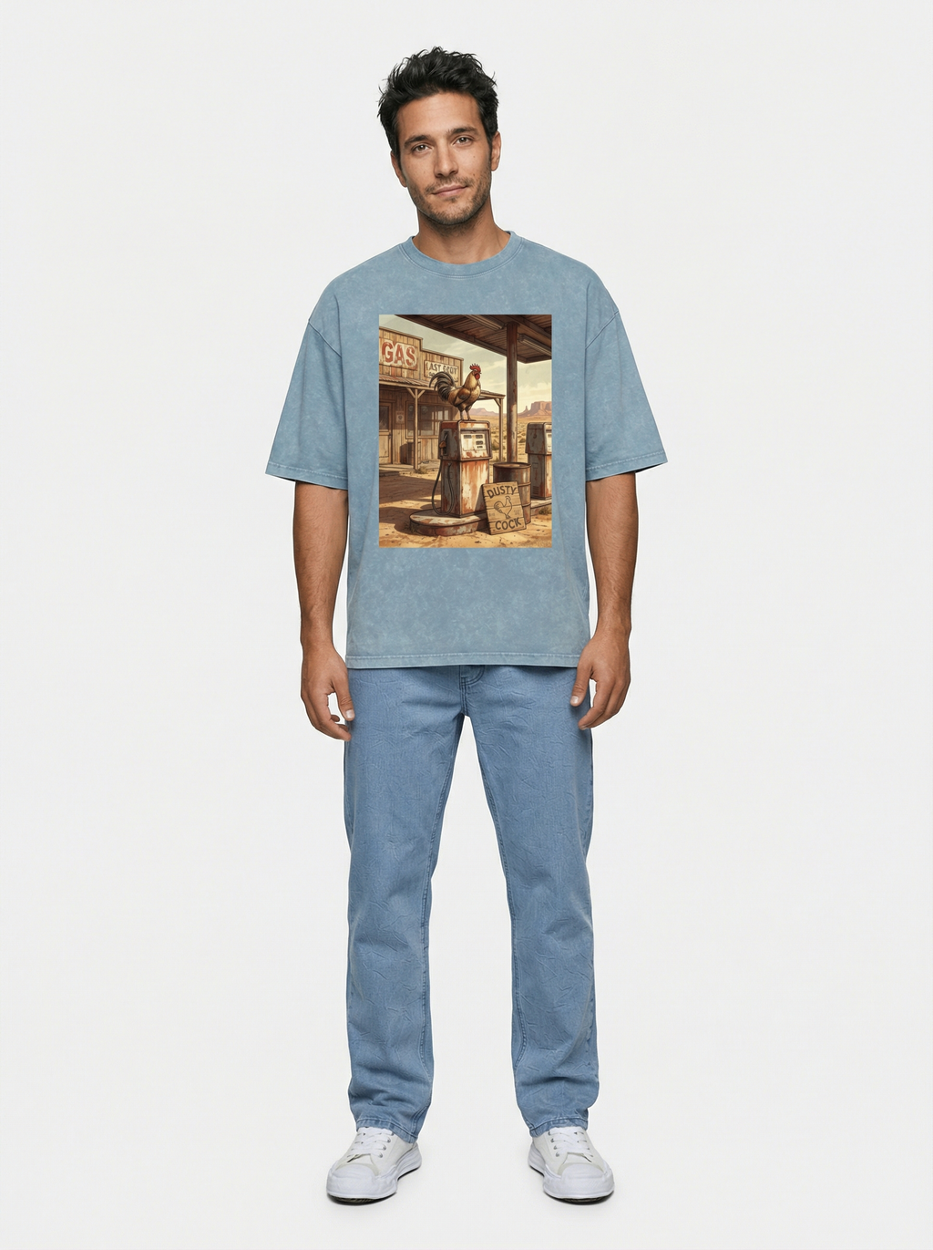 Dusty Cock, Desert Rooster Cowboy Graphic Tee – Heavyweight 100% Cotton, Vintage Wash