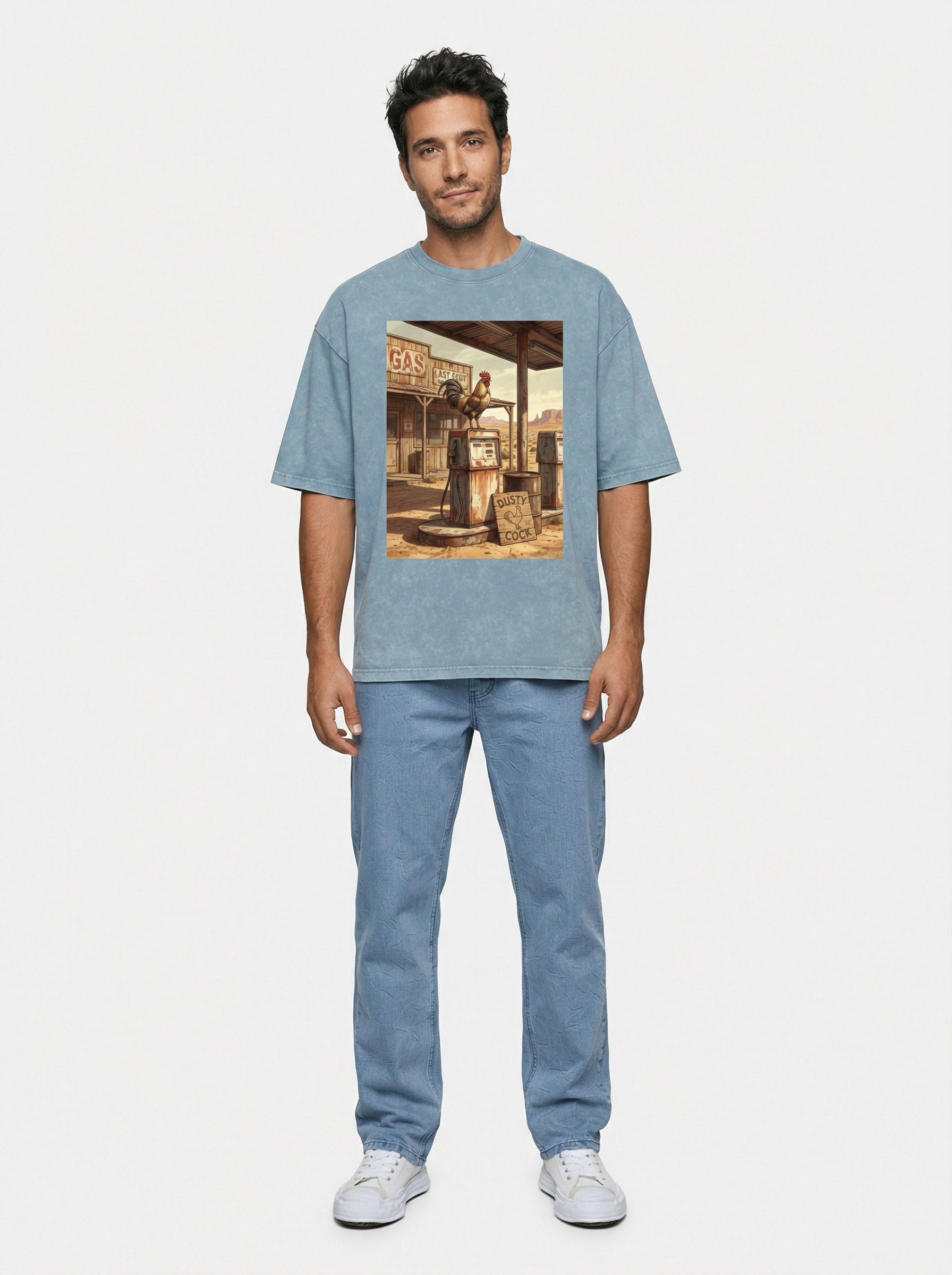 Dusty Cock, Desert Rooster Cowboy Graphic Tee – Heavyweight 100% Cotton, Vintage Wash