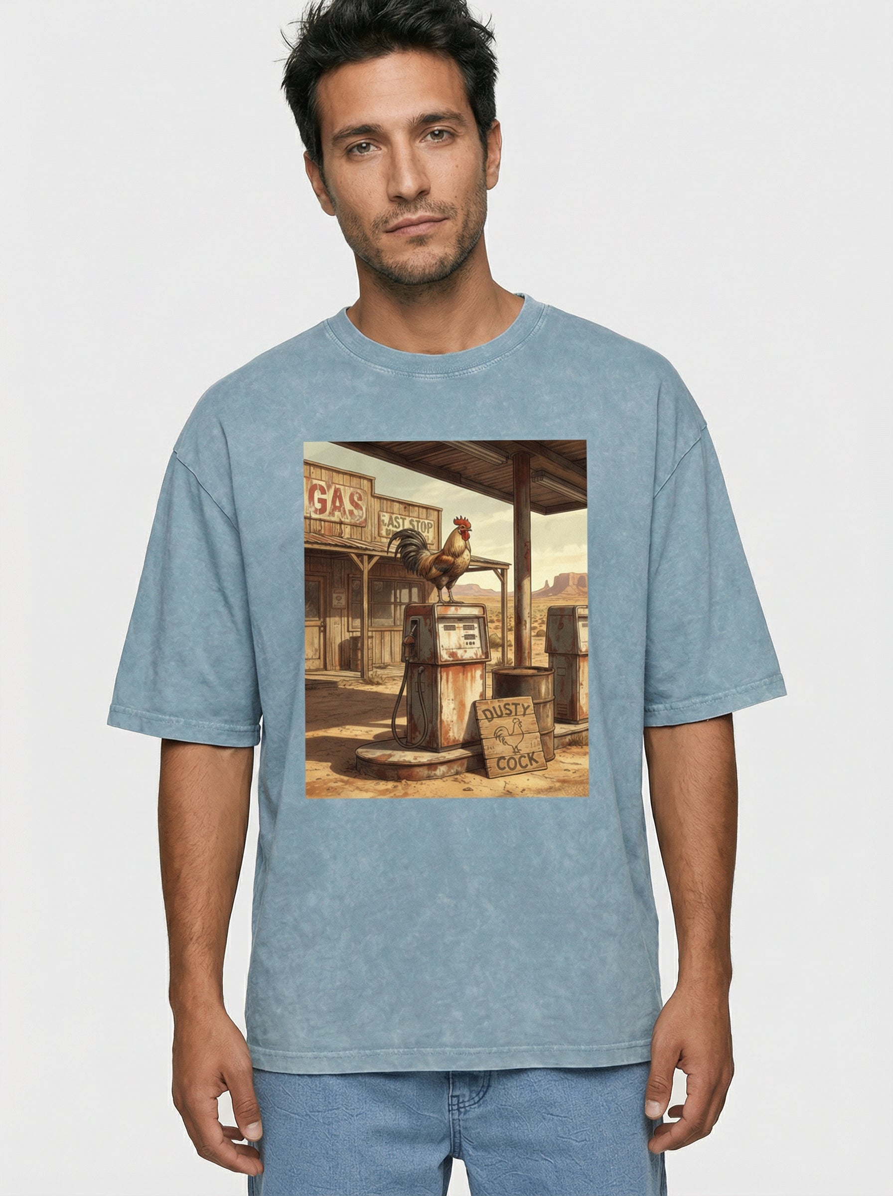 Dusty Cock, Desert Rooster Cowboy Graphic Tee – Heavyweight 100% Cotton, Vintage Wash