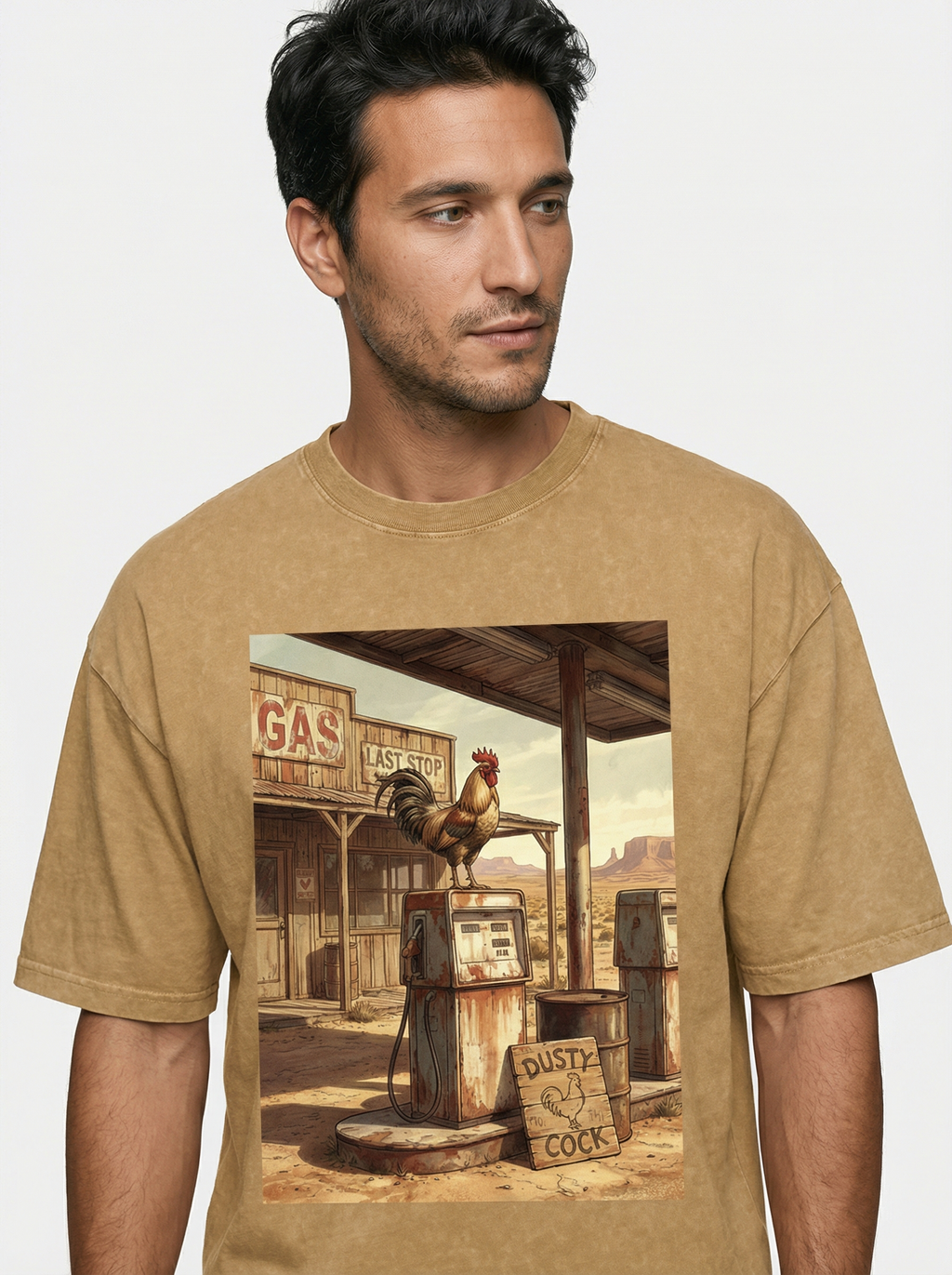 Dusty Cock, Desert Rooster Cowboy Graphic Tee – Heavyweight 100% Cotton, Vintage Wash