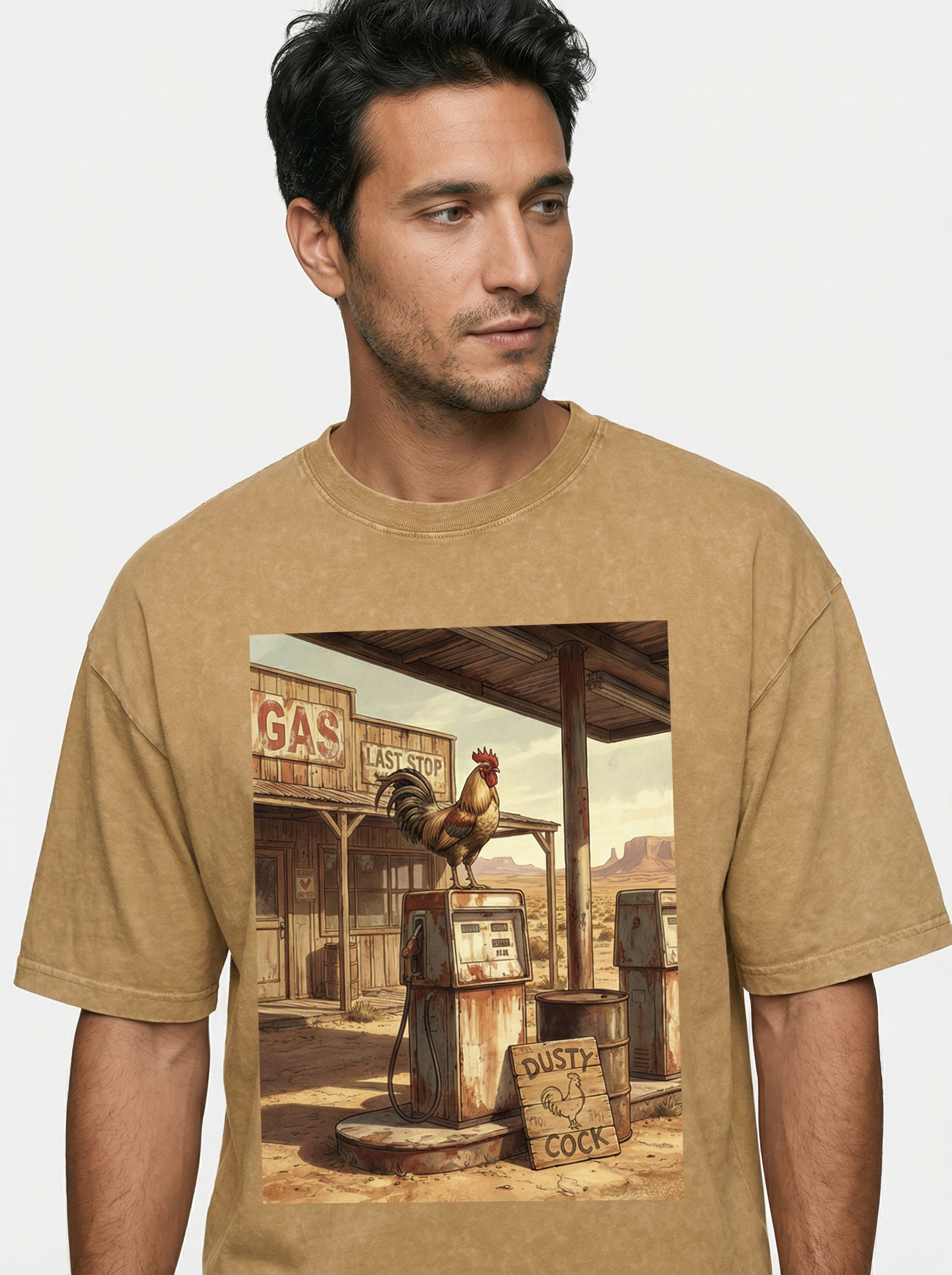 Dusty Cock, Desert Rooster Cowboy Graphic Tee – Heavyweight 100% Cotton, Vintage Wash