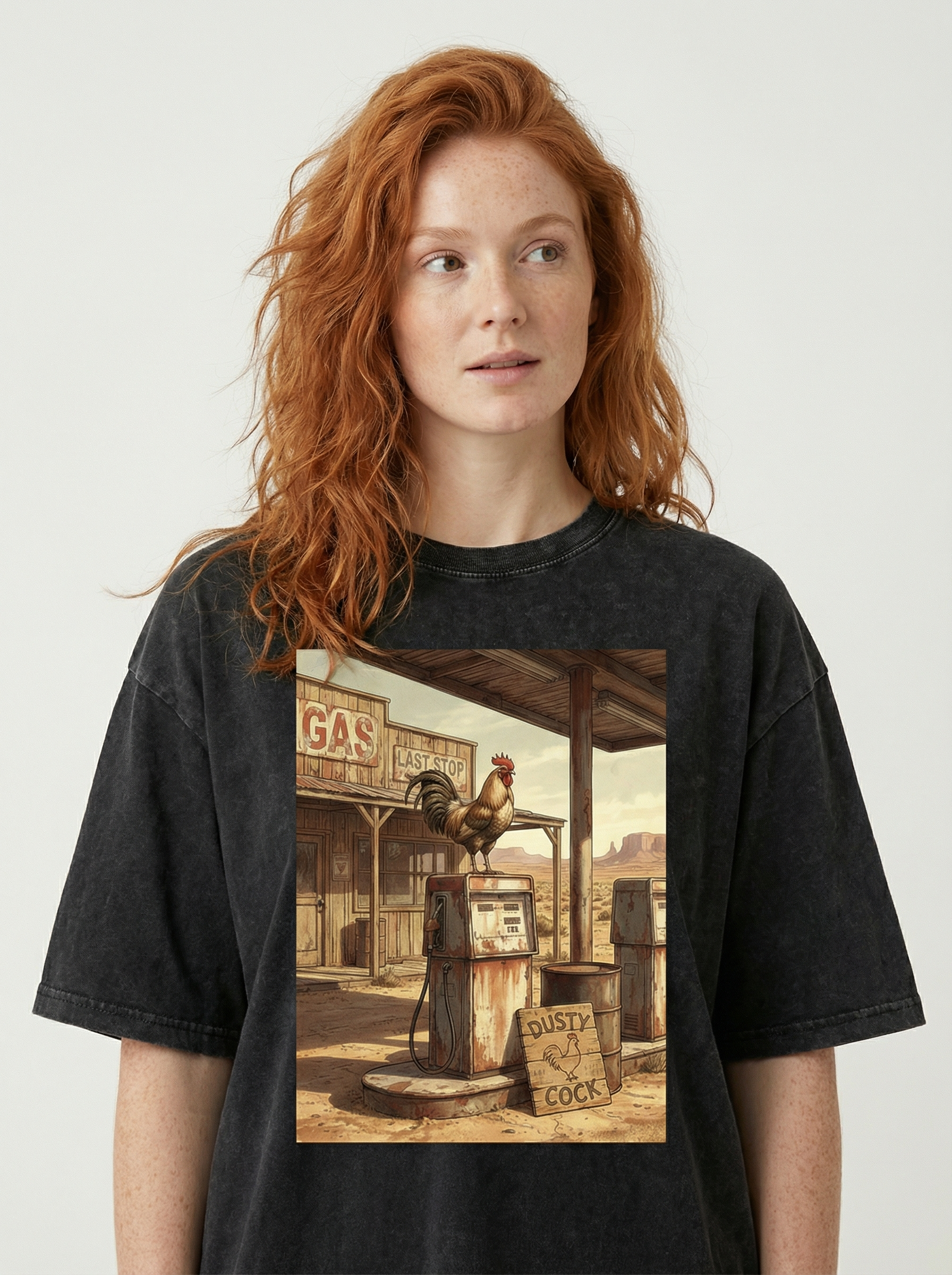 Dusty Cock, Desert Rooster Cowboy Graphic Tee – Heavyweight 100% Cotton, Vintage Wash