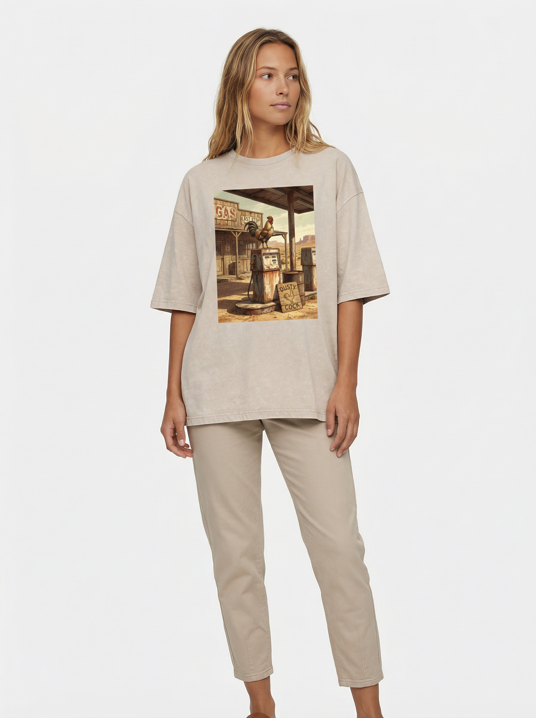 Dusty Cock, Desert Rooster Cowboy Graphic Tee – Heavyweight 100% Cotton, Vintage Wash