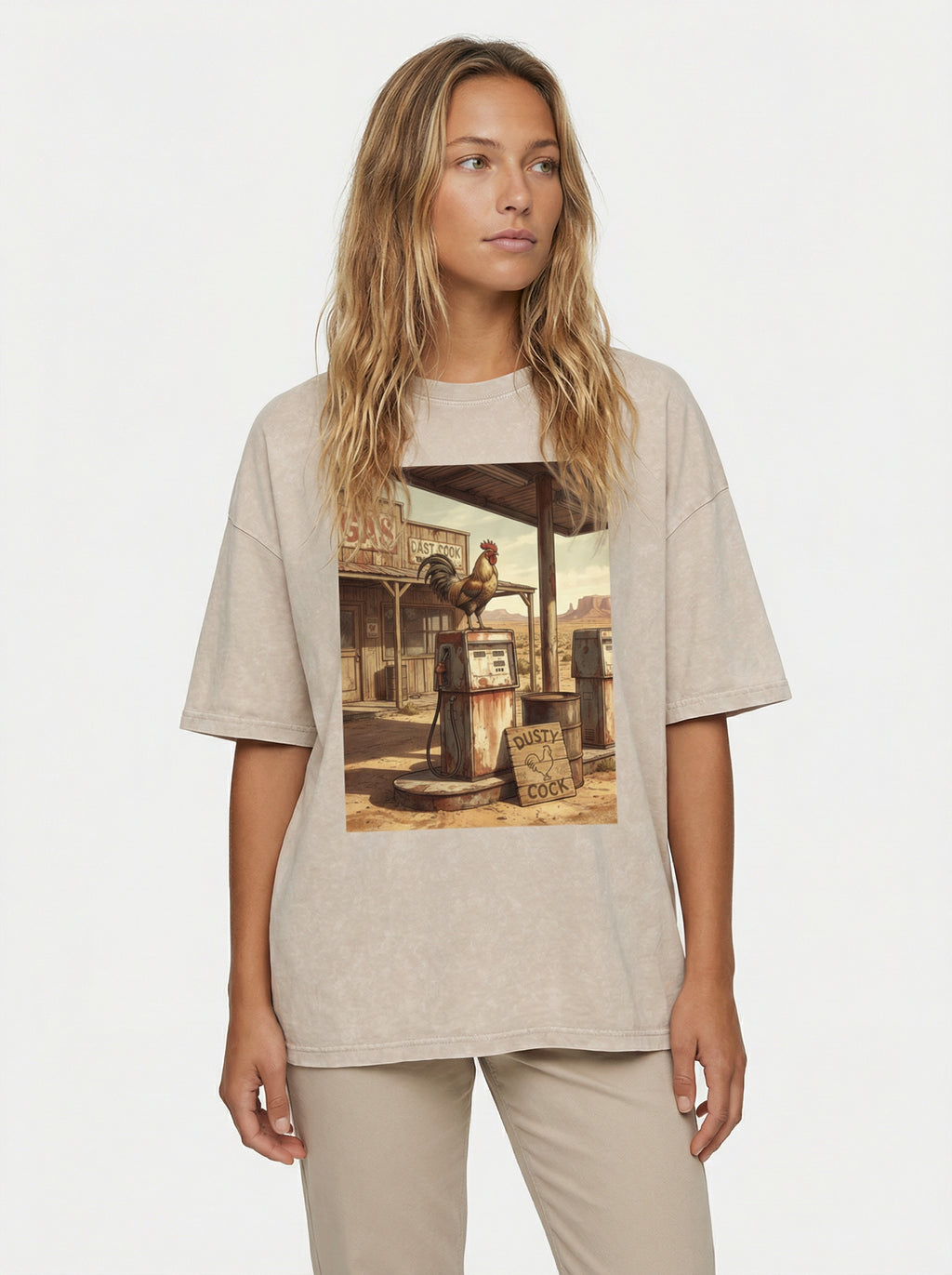 Dusty Cock, Desert Rooster Cowboy Graphic Tee – Heavyweight 100% Cotton, Vintage Wash