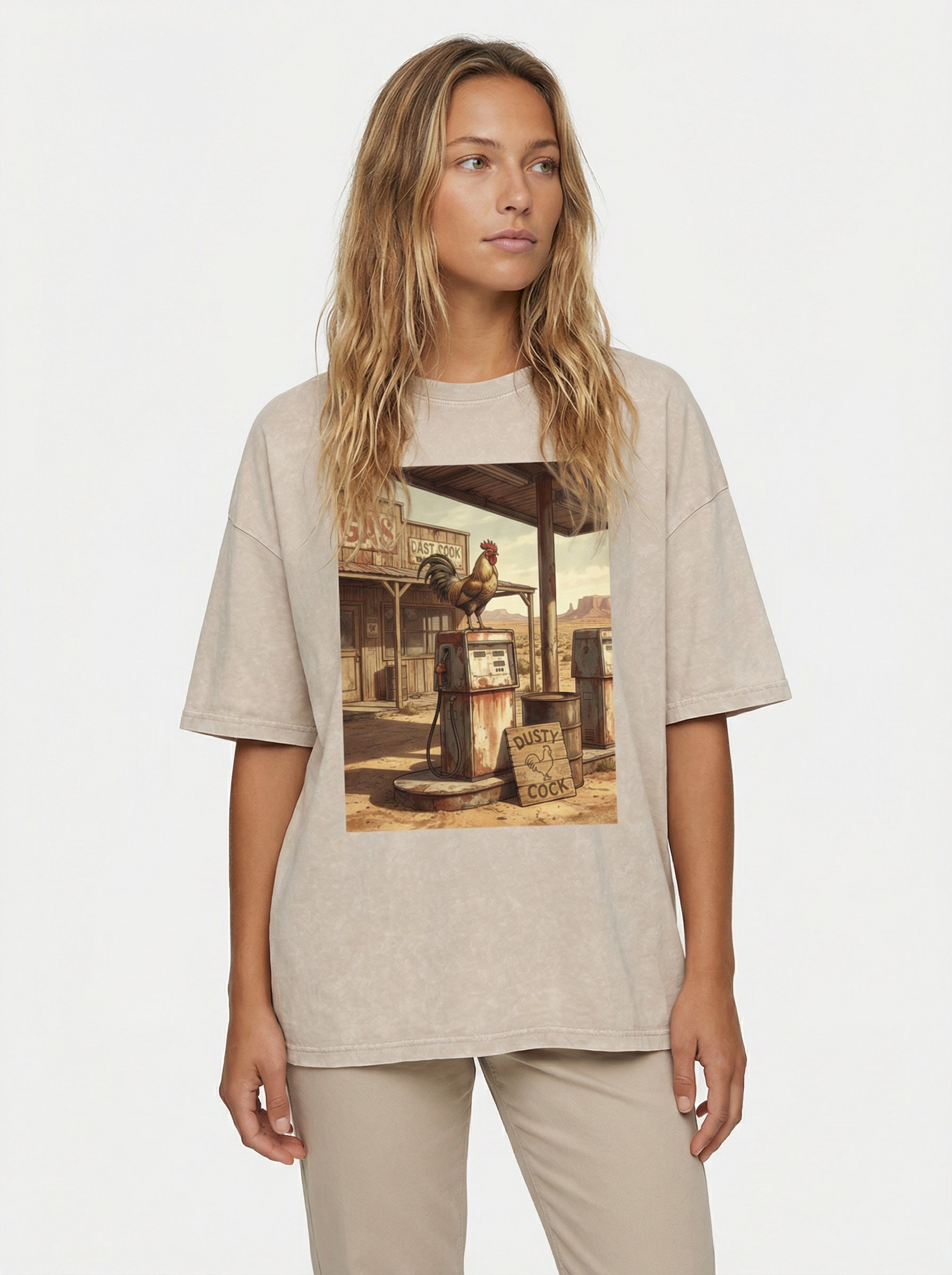 Dusty Cock, Desert Rooster Cowboy Graphic Tee – Heavyweight 100% Cotton, Vintage Wash