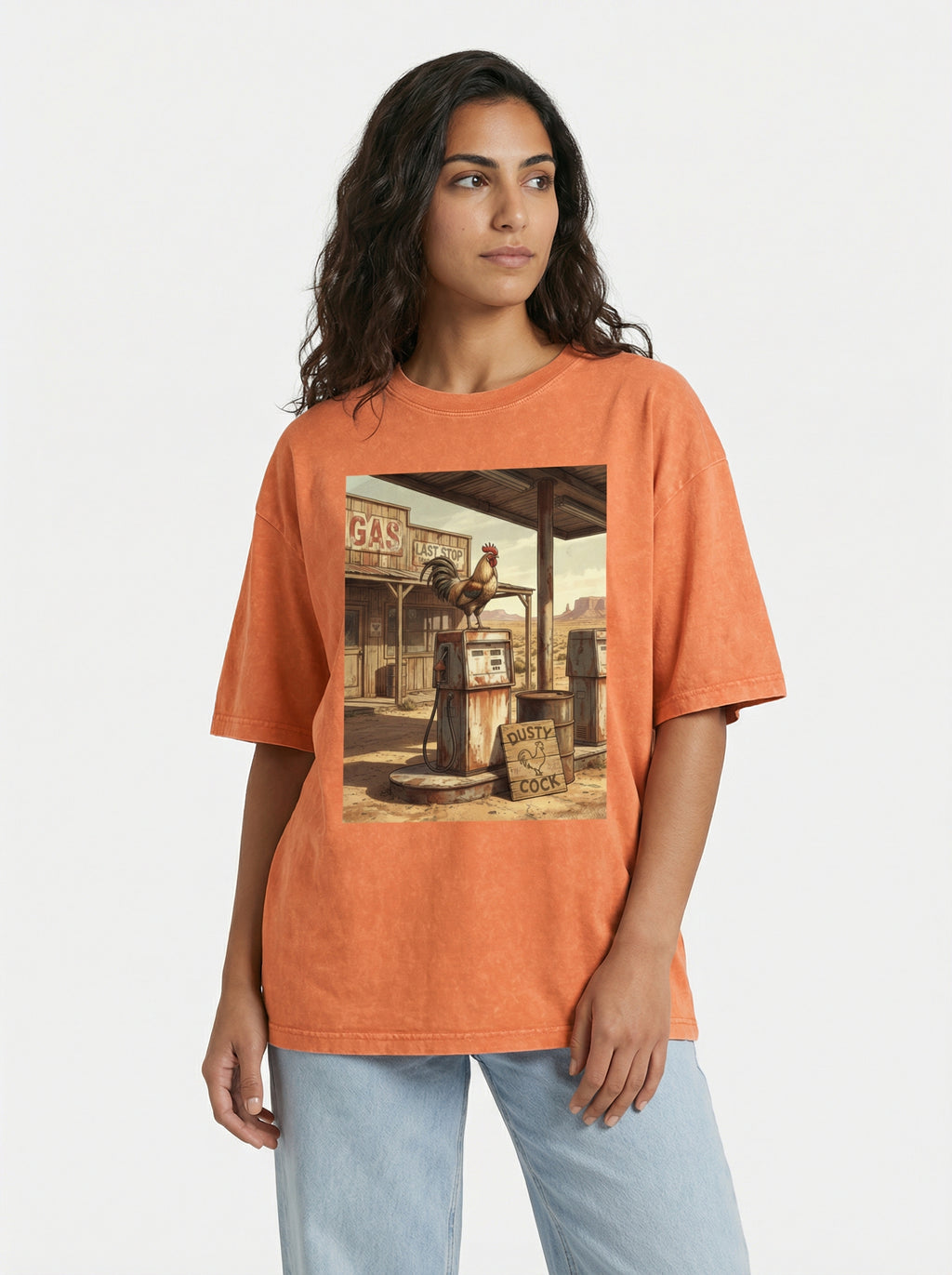 Dusty Cock, Desert Rooster Cowboy Graphic Tee – Heavyweight 100% Cotton, Vintage Wash