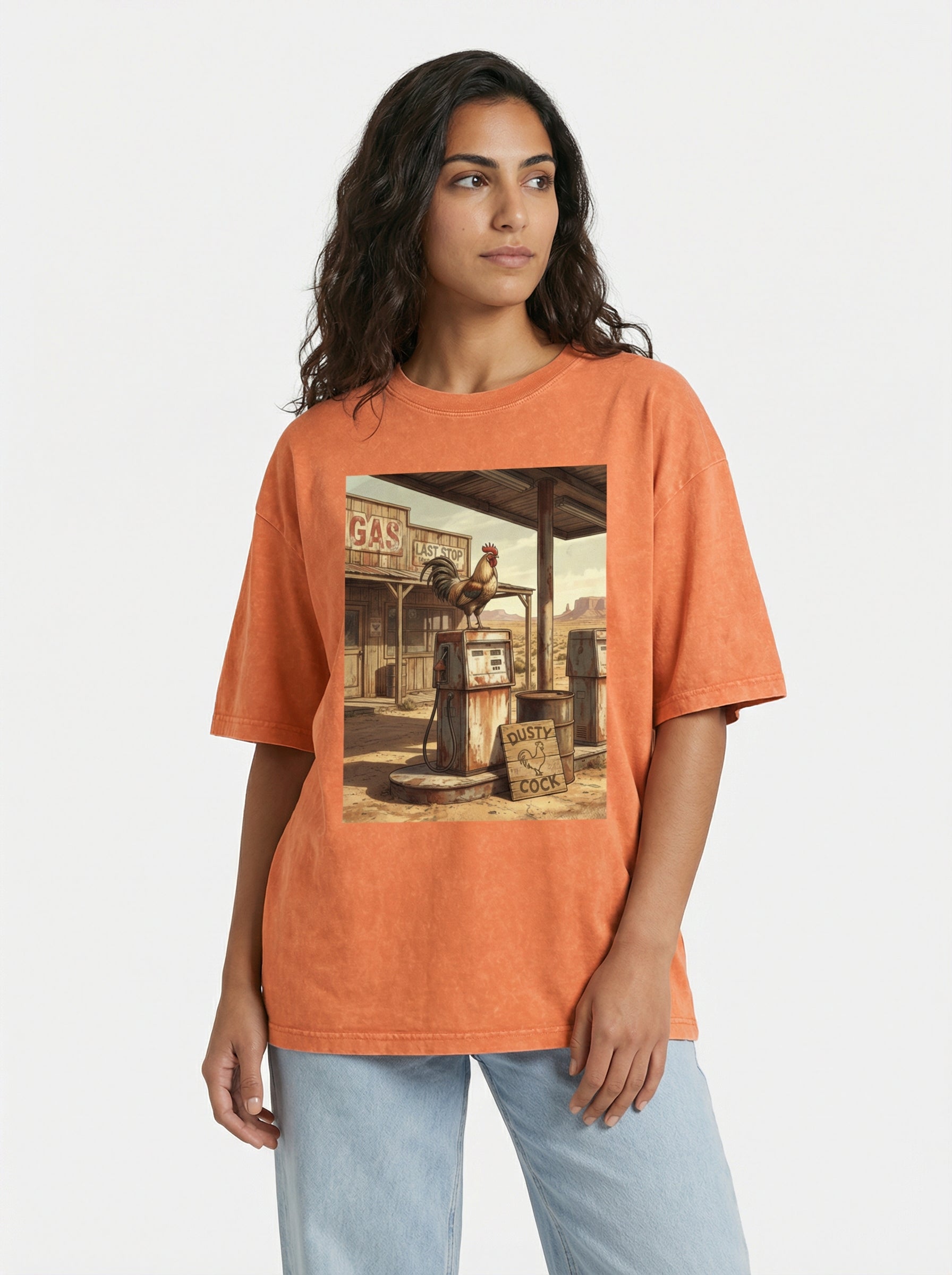 Dusty Cock, Desert Rooster Cowboy Graphic Tee – Heavyweight 100% Cotton, Vintage Wash